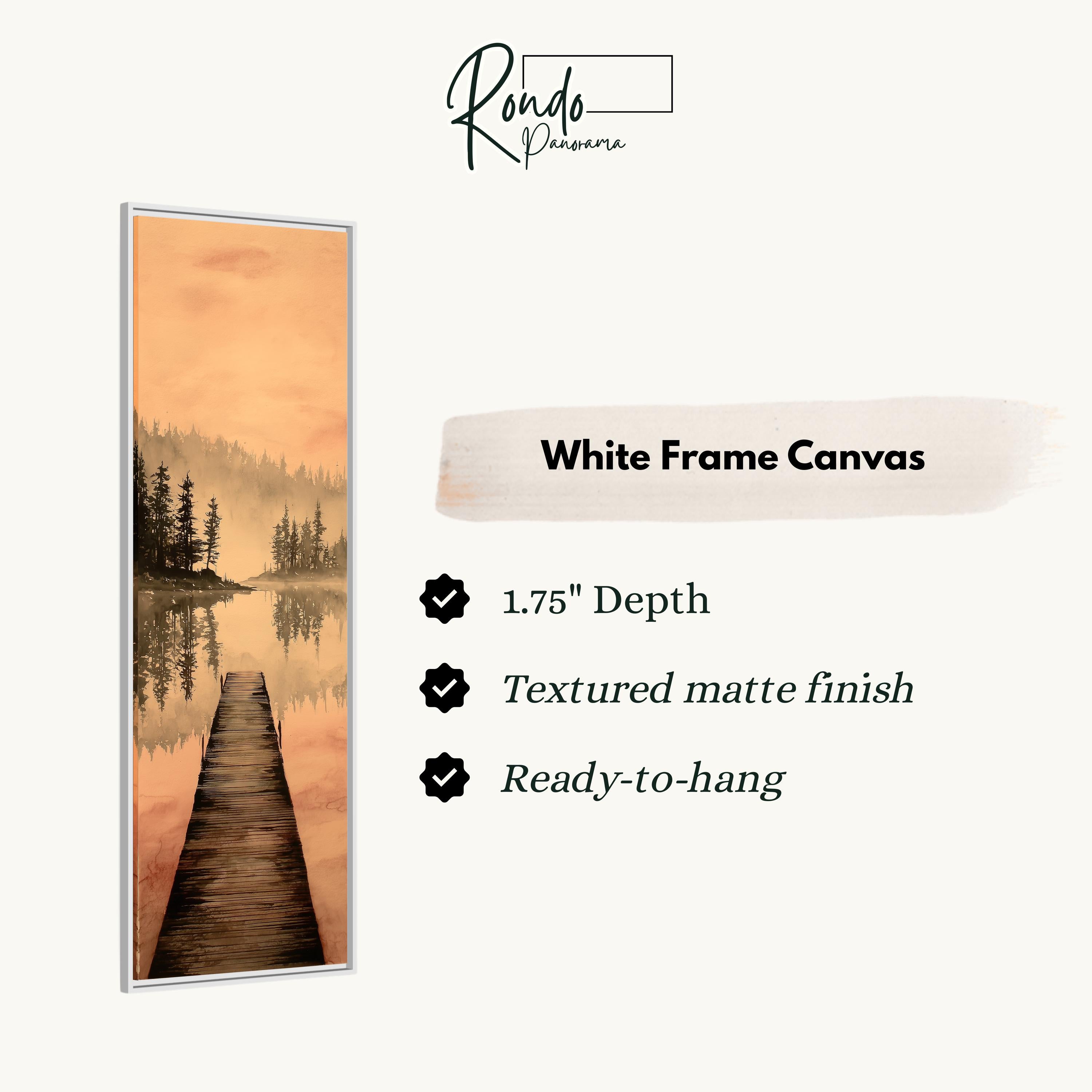 The image is a white frame canvas depicting a serene landscape with a wooden dock extending into a calm lake, surrounded by trees.