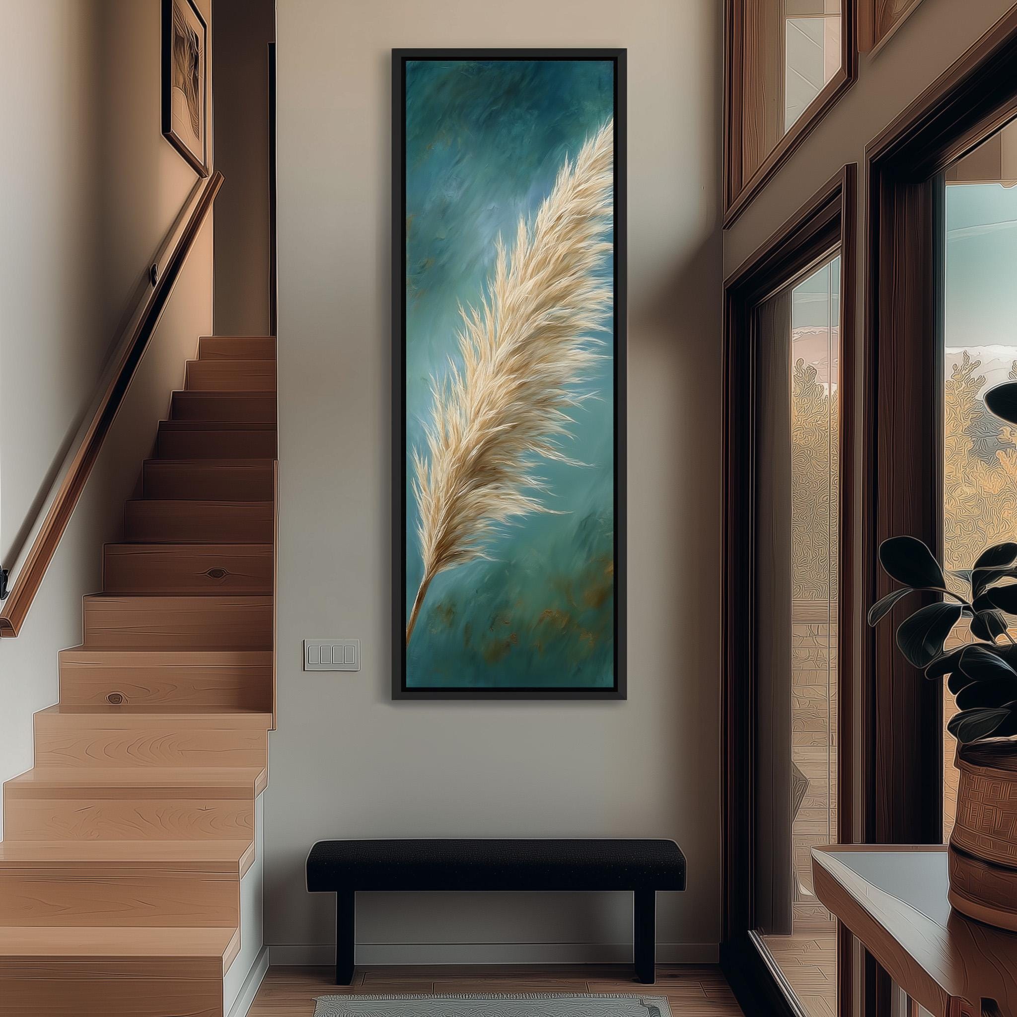 a hallway with a large painting of a feather hanging on the wall, a wooden staircase, a black bench, and a plant in a pot.