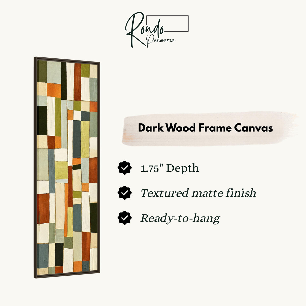 Muted sage, terracotta and cream block grid canvas print in a dark wood floating frame