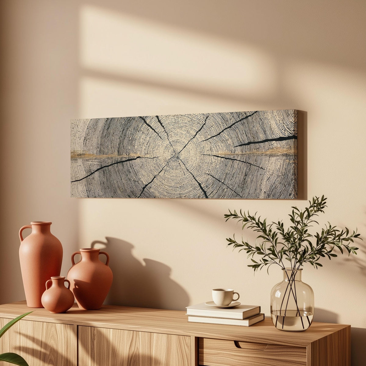 Pale gold wood ring long horizontal canvas print above a wooden sideboard
