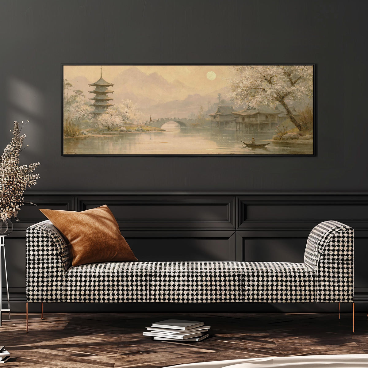 Pagoda and stone bridge at dusk wide panoramic canvas print above a bench in a dark living room