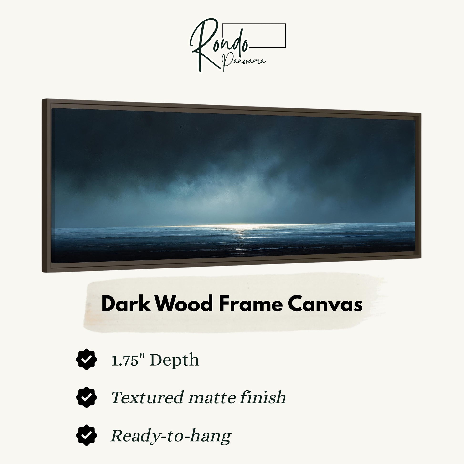 The image is a dark wood frame canvas depicting a serene landscape with a calm body of water and a bright light source in the distance.