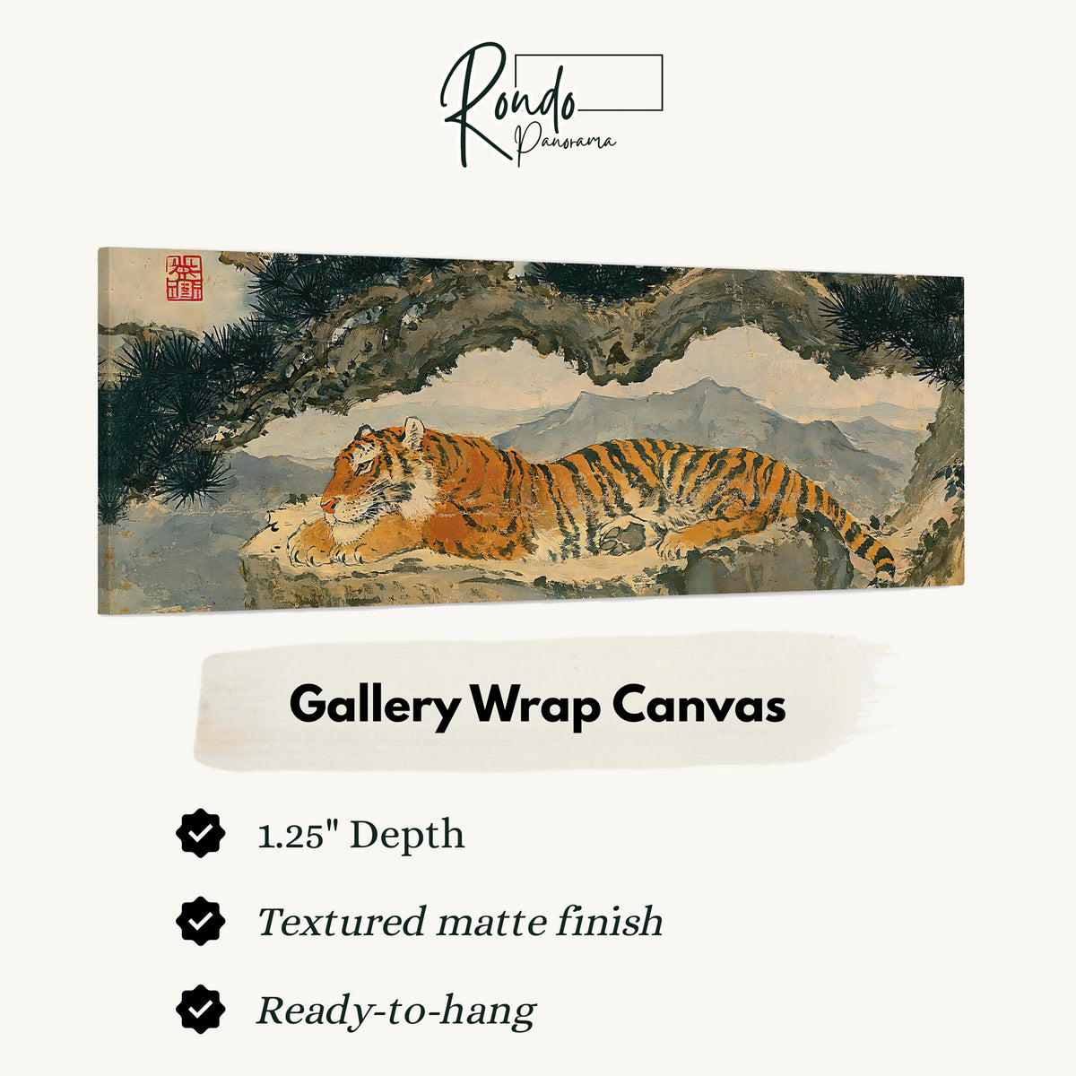Tiger resting beneath misty pines gallery wrap canvas with the image wrapped around the edges