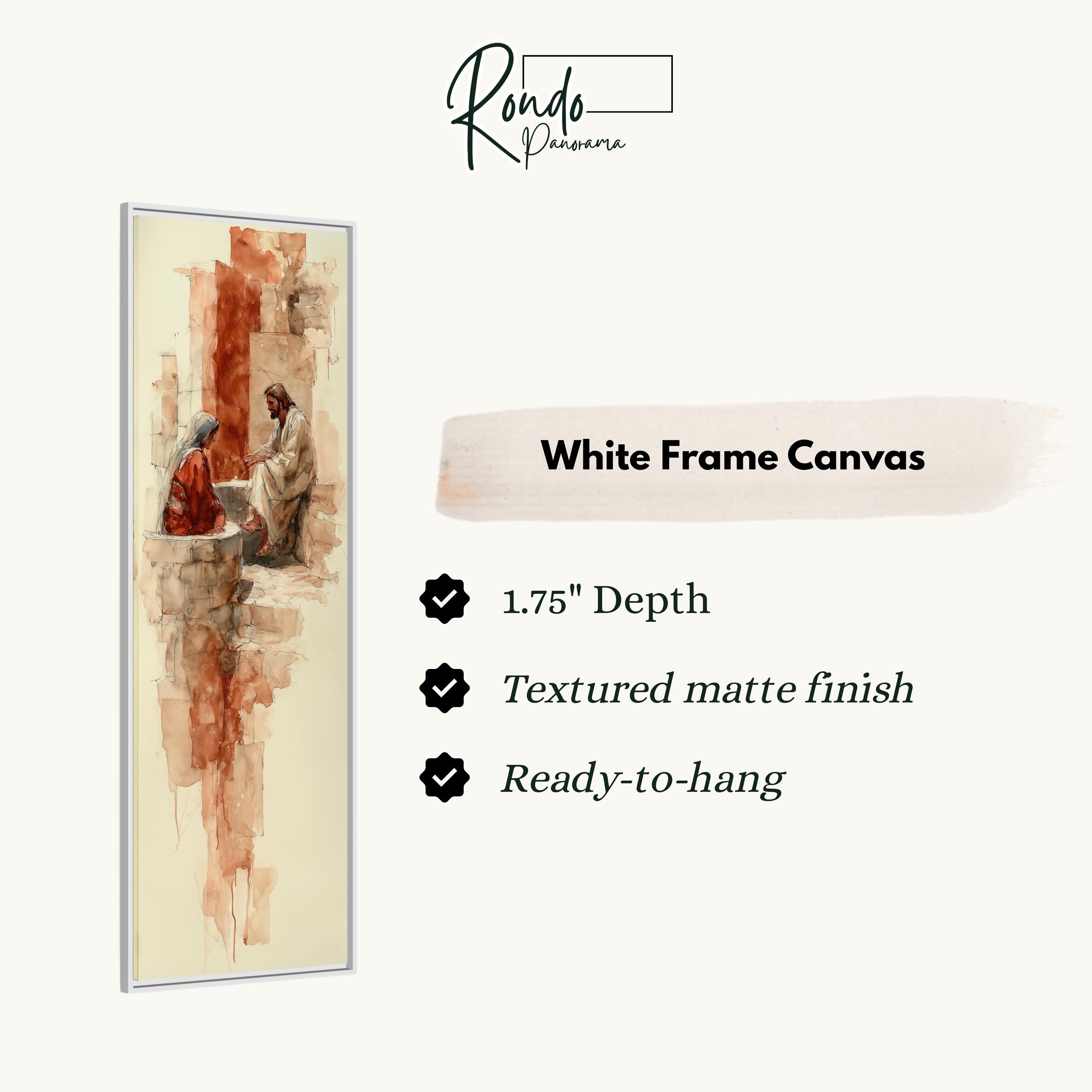 The image is a white frame canvas featuring an abstract painting of two people sitting together.