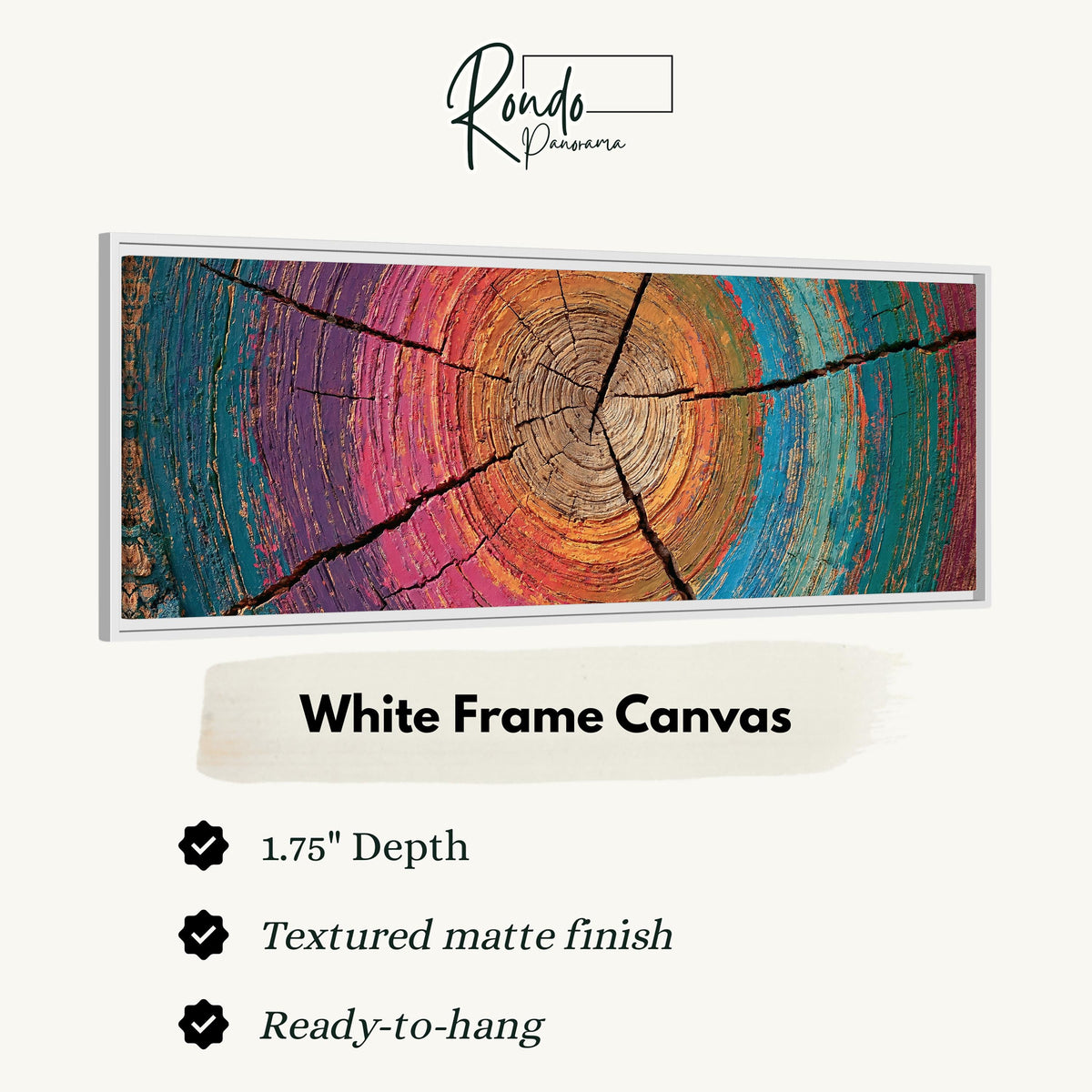 Rainbow tree ring canvas print in a white floating frame