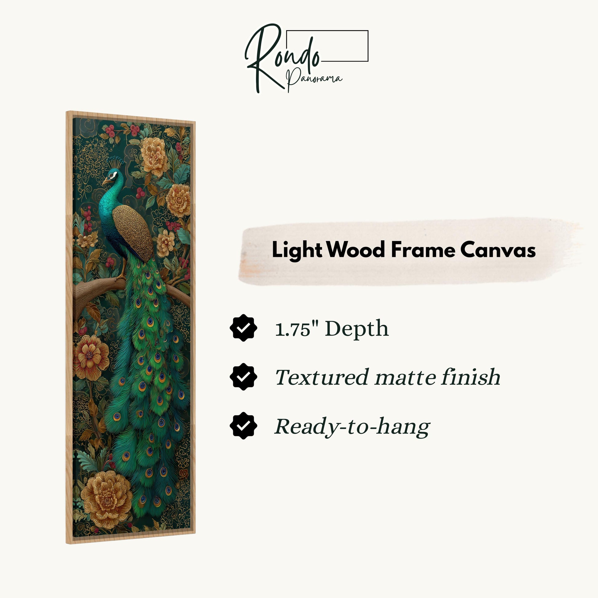 The image is a light wood frame canvas featuring a vibrant peacock with a detailed and intricate design.