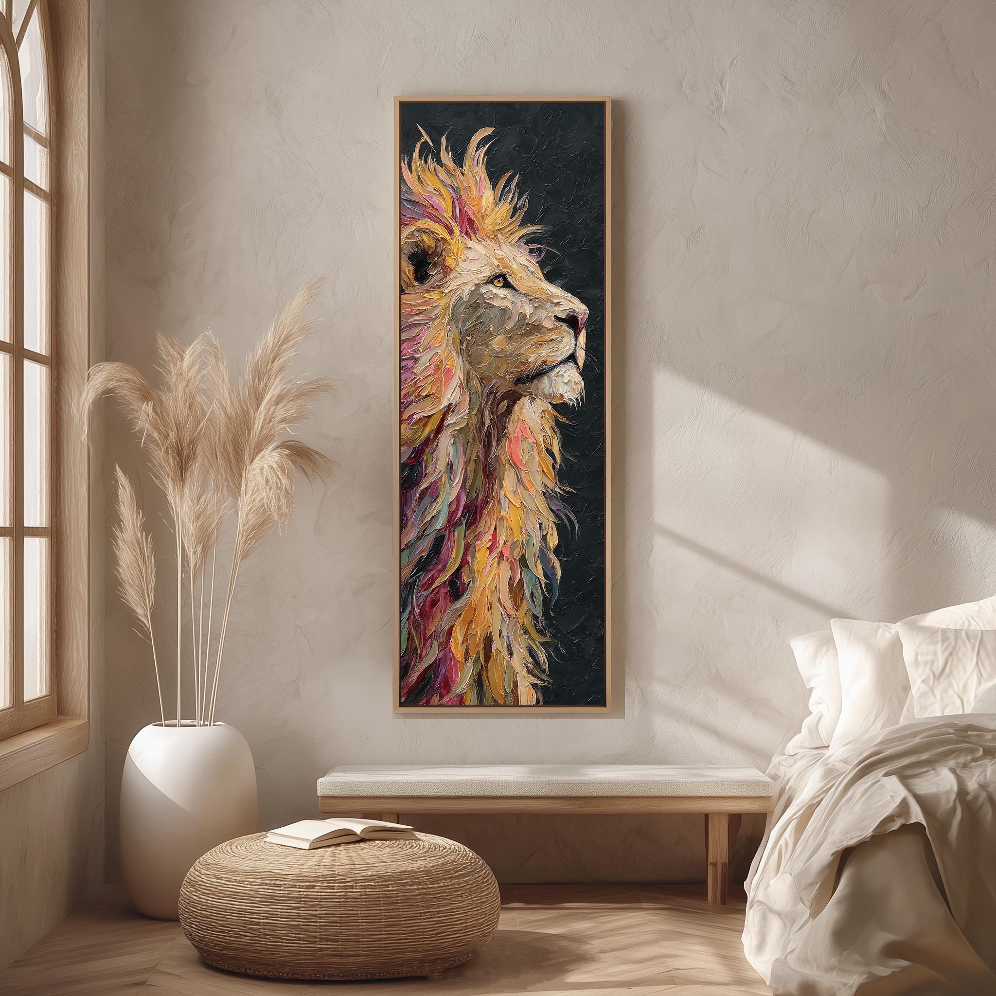 a large, colorful painting of a lion's head hanging on a wall in a room with a wooden floor and a white bed.