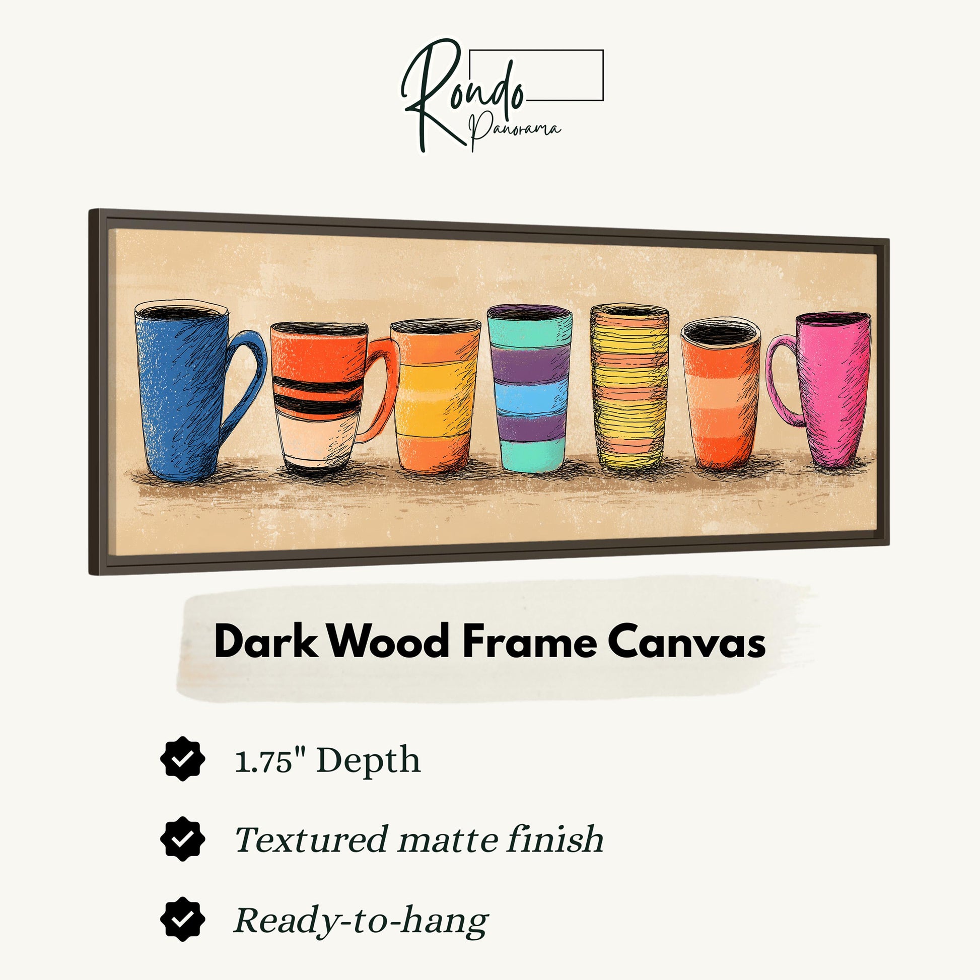 a dark wood frame canvas with a collection of colorful mugs or cups arranged in a row.