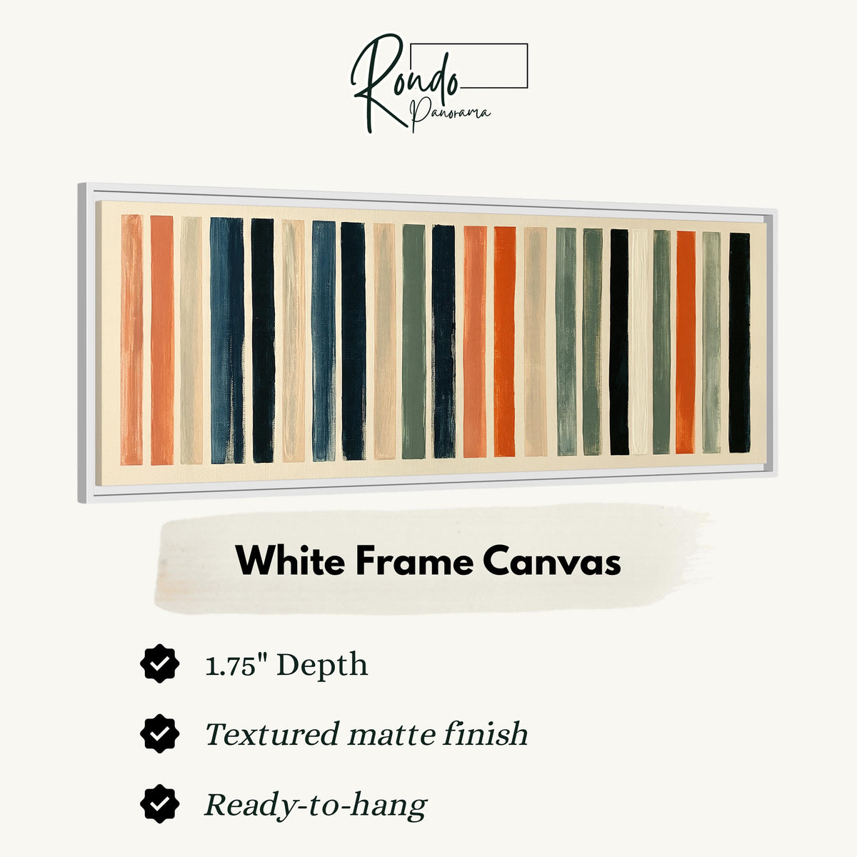 Bold peach, sage and navy stripes canvas print in a white floating frame