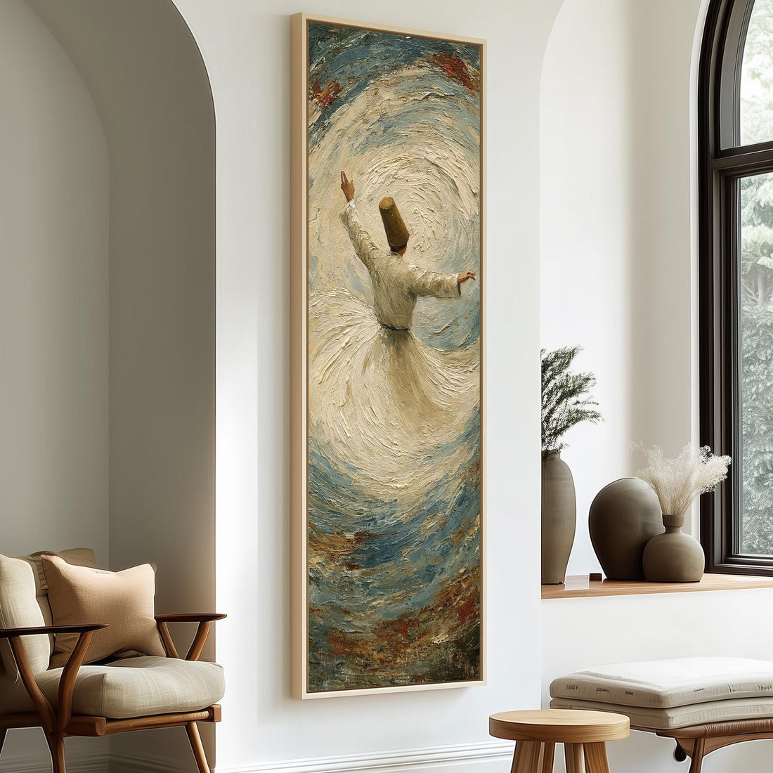 Whirling dervish long vertical canvas print in a sunlit living space