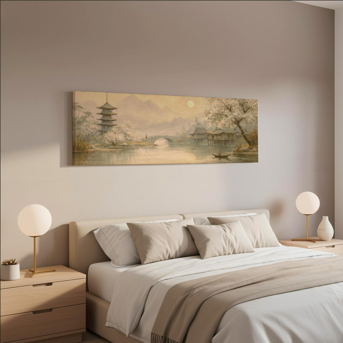 Pagoda and stone bridge at dusk wide panoramic canvas print above a bed in a neutral bedroom