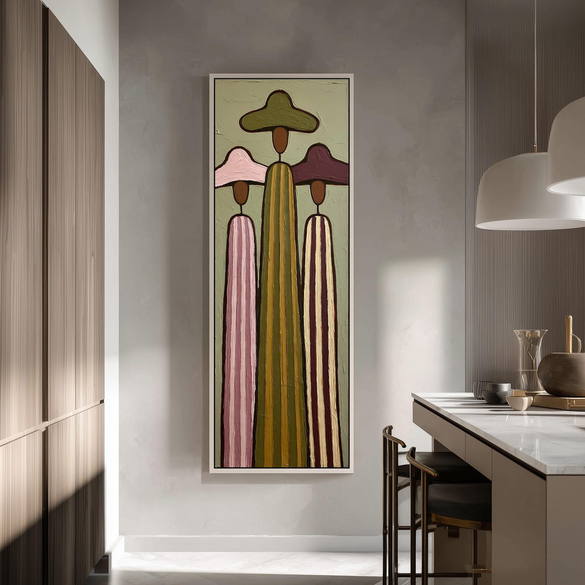 Three tall striped figures in wide hats tall skinny canvas print in a modern kitchen