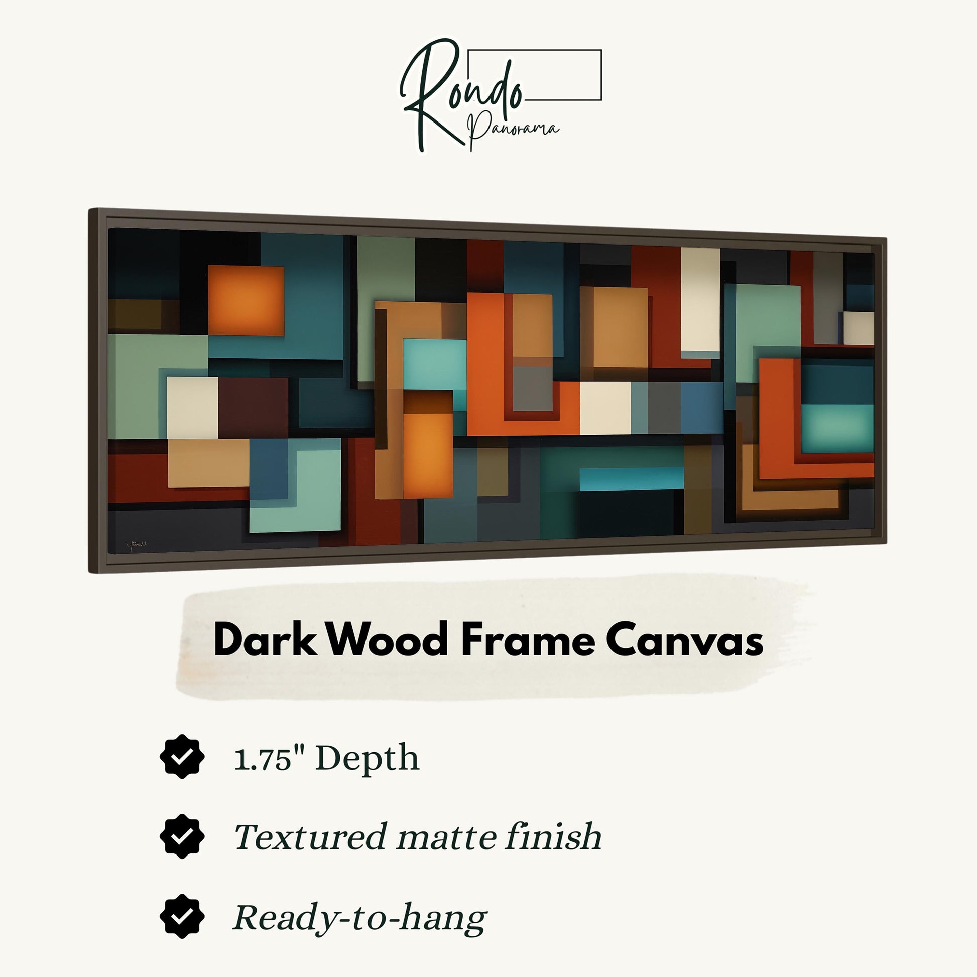 The image is a product advertisement for a dark wood frame canvas. It features a large abstract painting with a variety of colors and shapes, and provides information about the dimensions and features of the canvas.