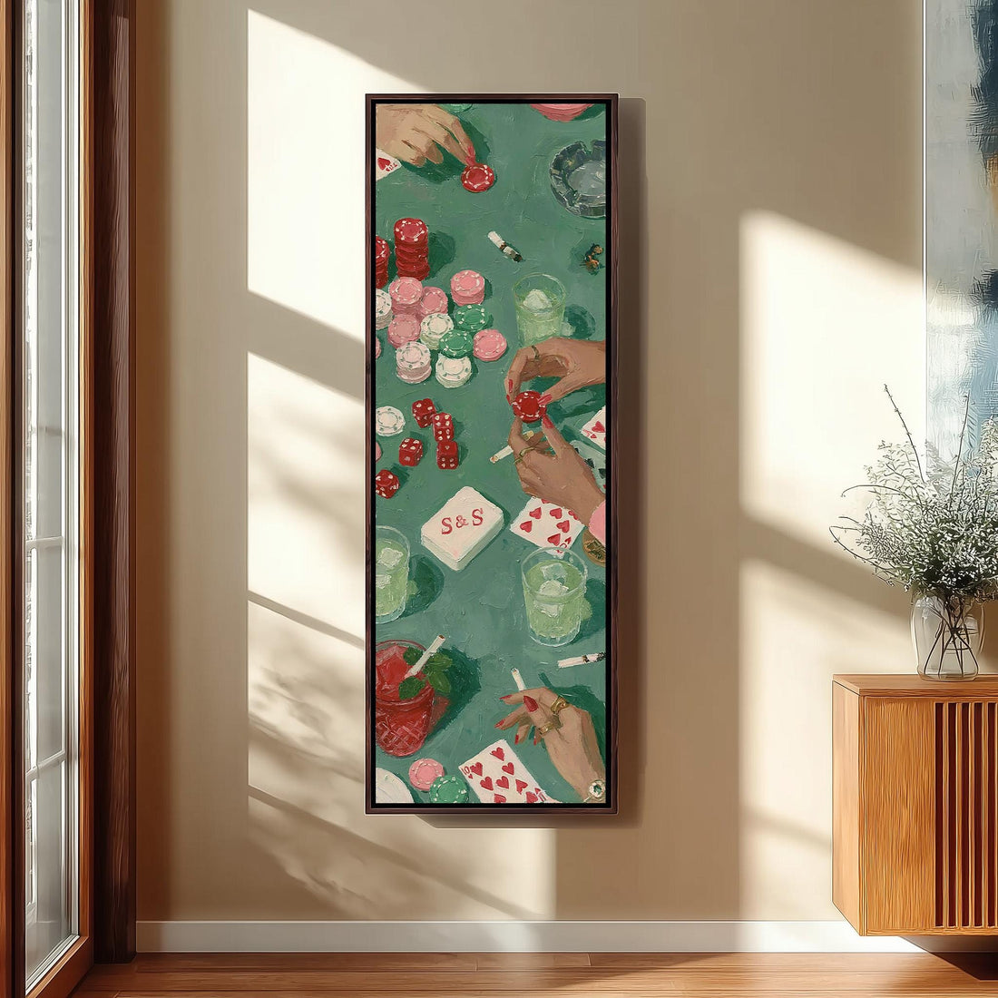 Poker table with chips, cards and dice long vertical canvas print in a sunlit living space