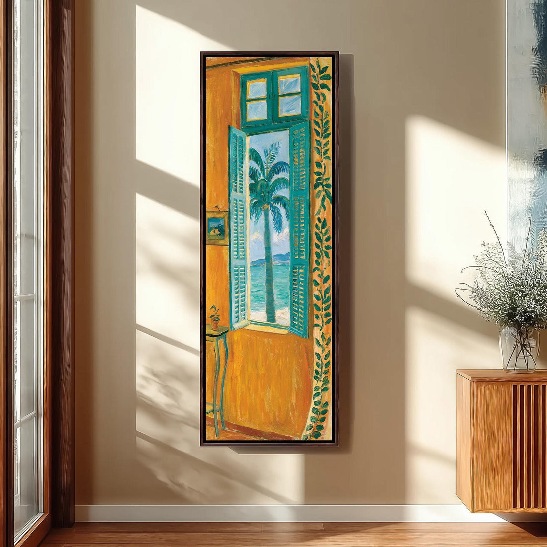 Palm tree and ocean through a yellow room window long vertical canvas print in a sunlit living space