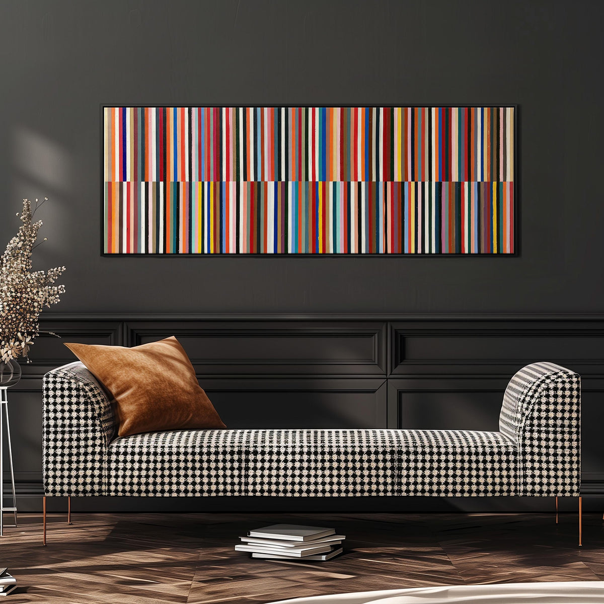 Two bands of colorful stripes wide panoramic canvas print above a bench in a dark living room