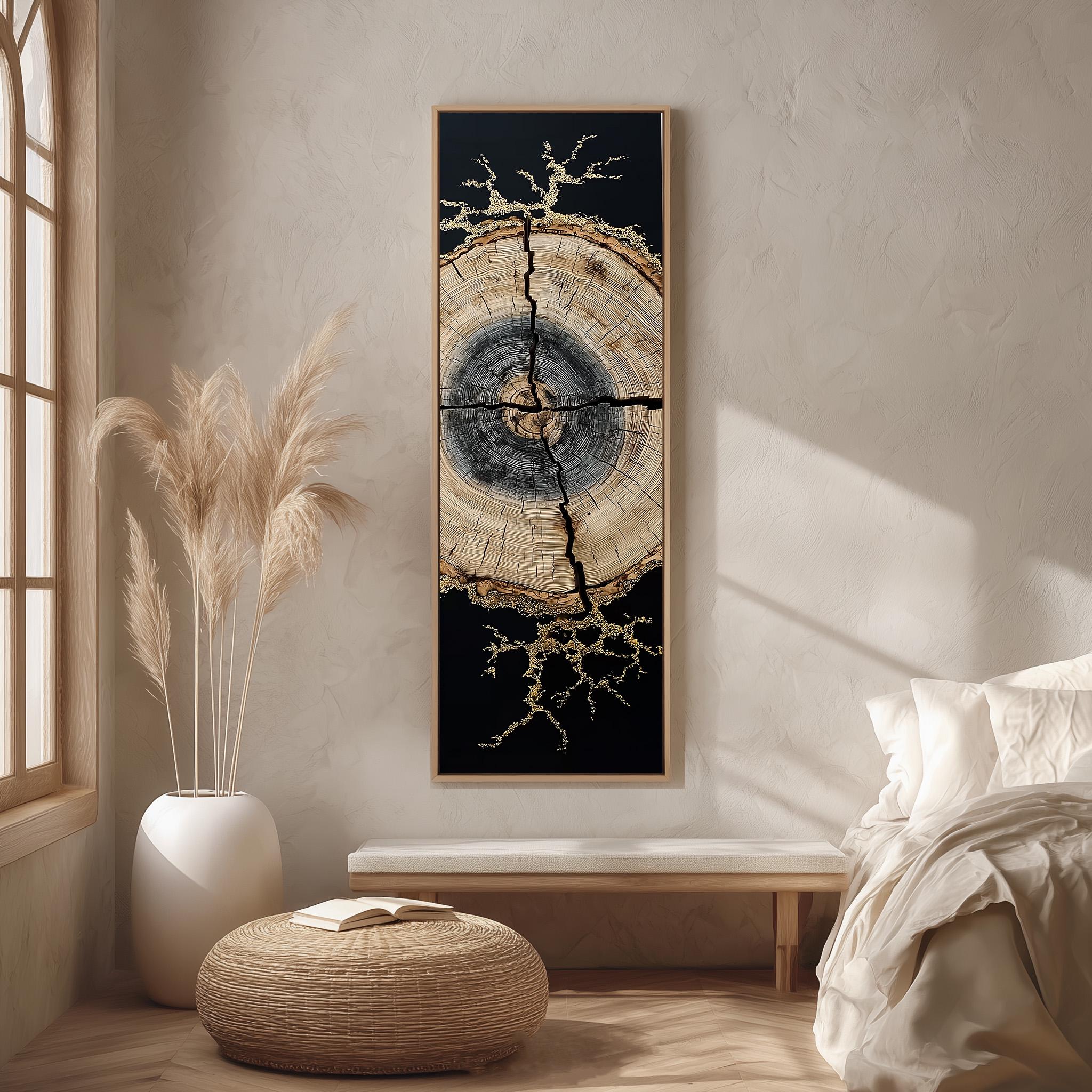 a minimalist bedroom setting with a large, abstract painting of a tree trunk on the wall. The painting has a dark background with a lighter, more intricate design in the center. The room is decorated with a white bed, a wicker ottoman, and a potted plant. The overall color scheme is neutral, with the painting and the bedding creating a harmonious and serene atmosphere.