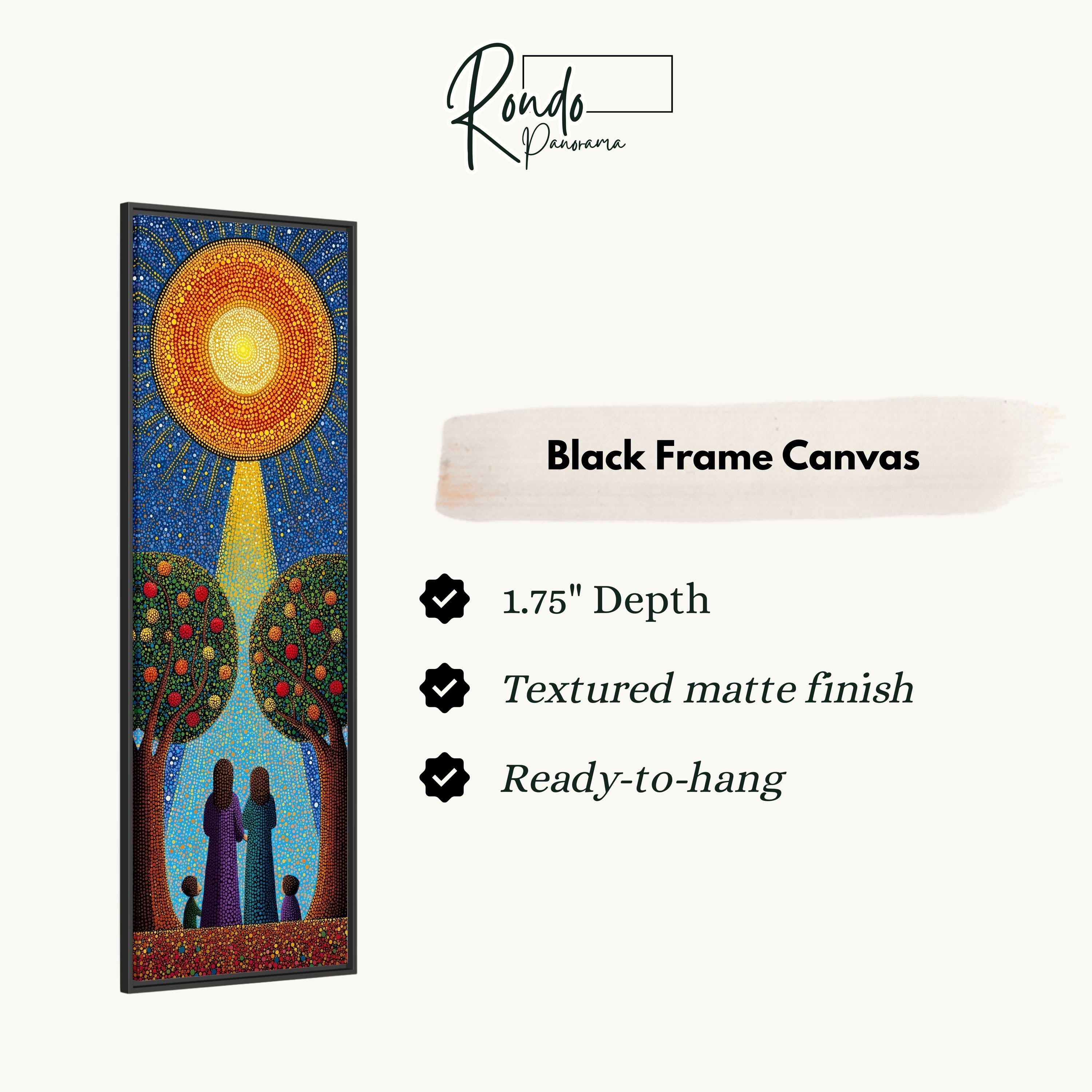 The image is a black frame canvas depicting a vibrant, colorful scene with a sun, trees, and people.