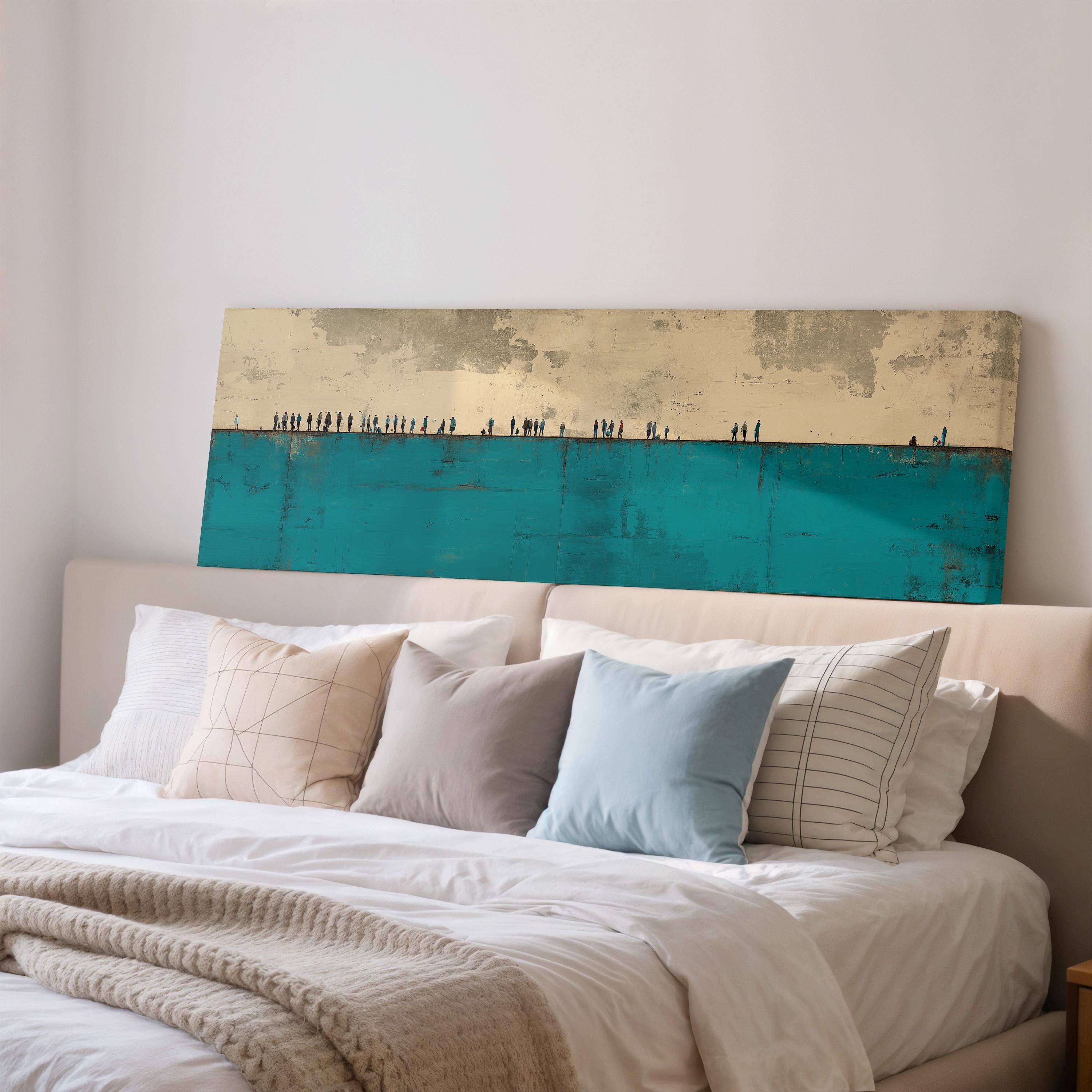 a bedroom with a bed covered in white sheets and pillows, and a large abstract painting hanging above the bed.