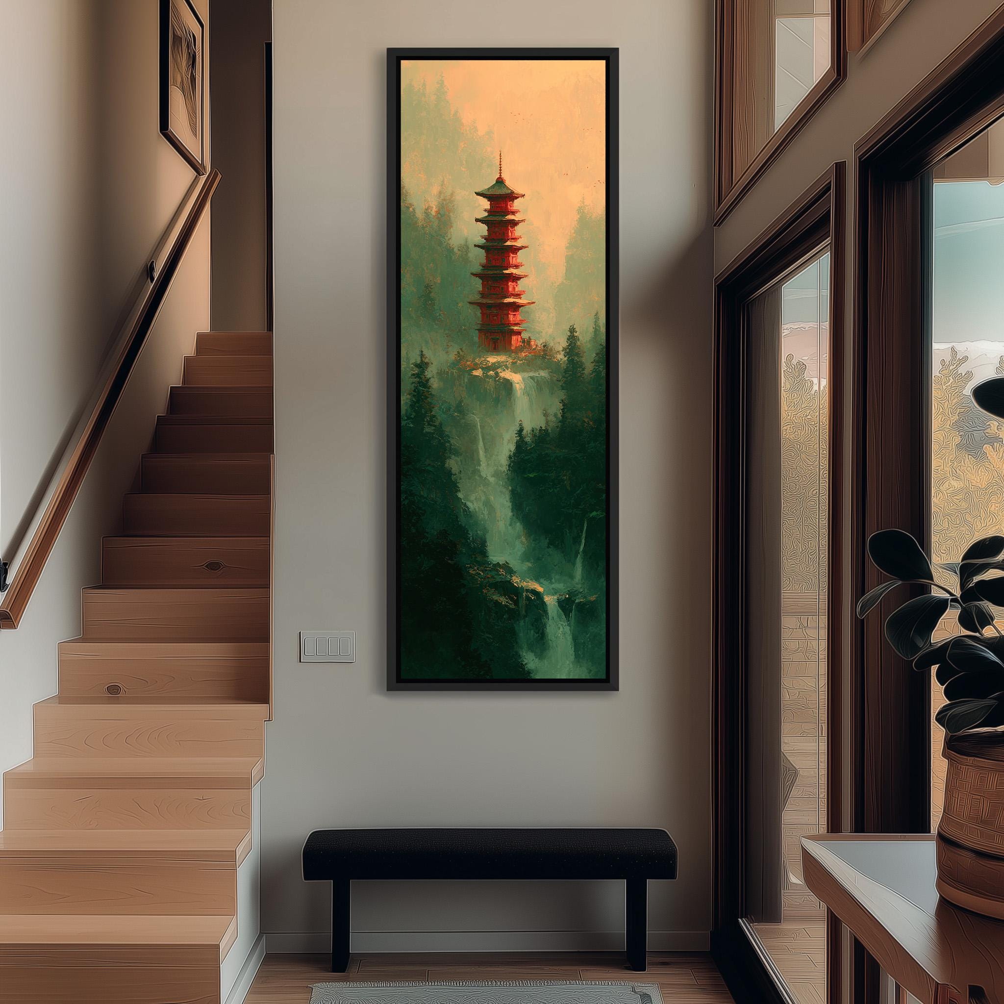a large painting of a pagoda hanging on a wall in a hallway.