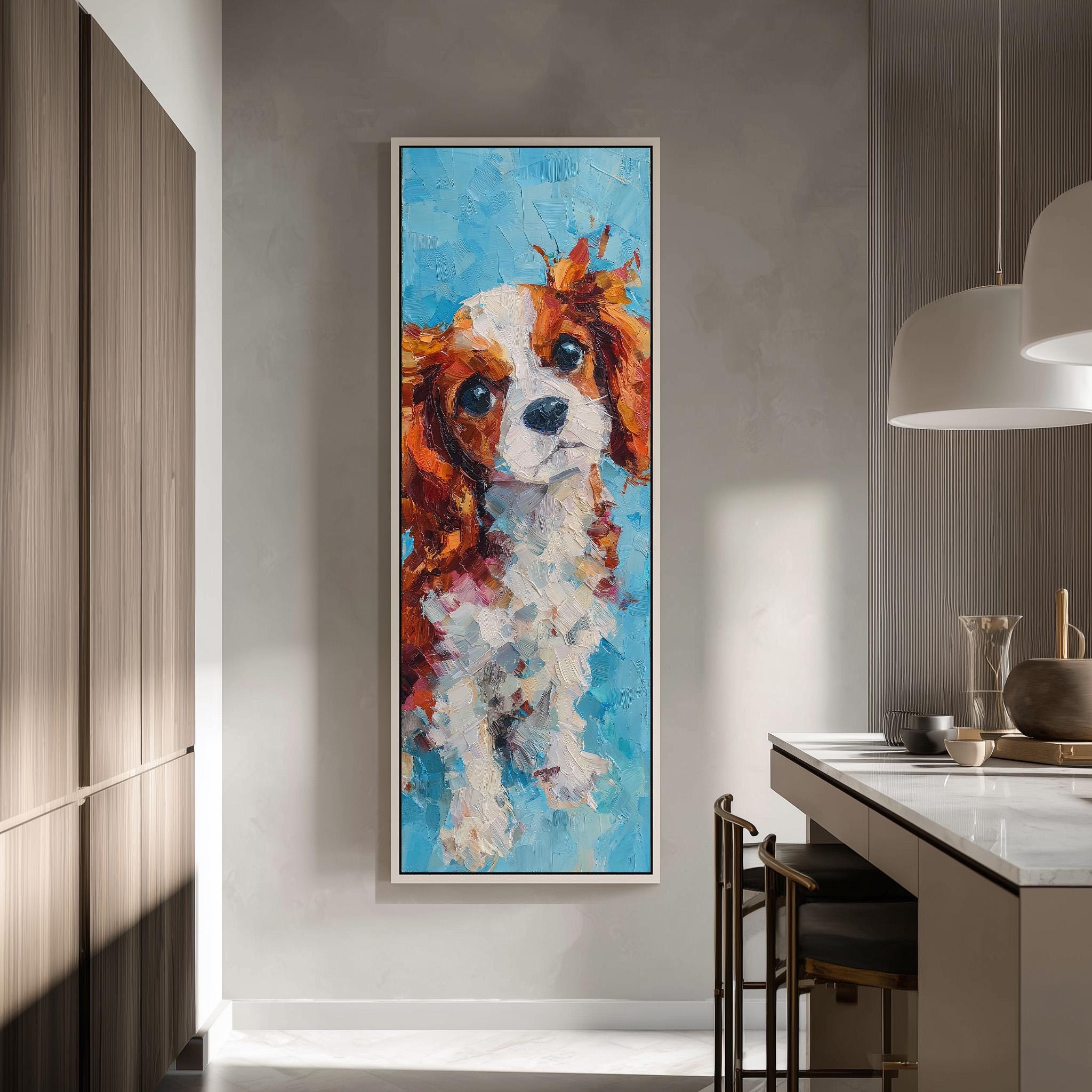 a large, colorful painting of a dog's face hanging on a wall in a modern kitchen.