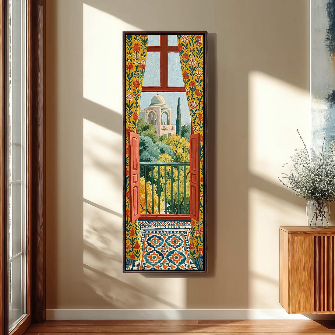 Window with floral curtains overlooking a domed building long vertical canvas print in a sunlit living space