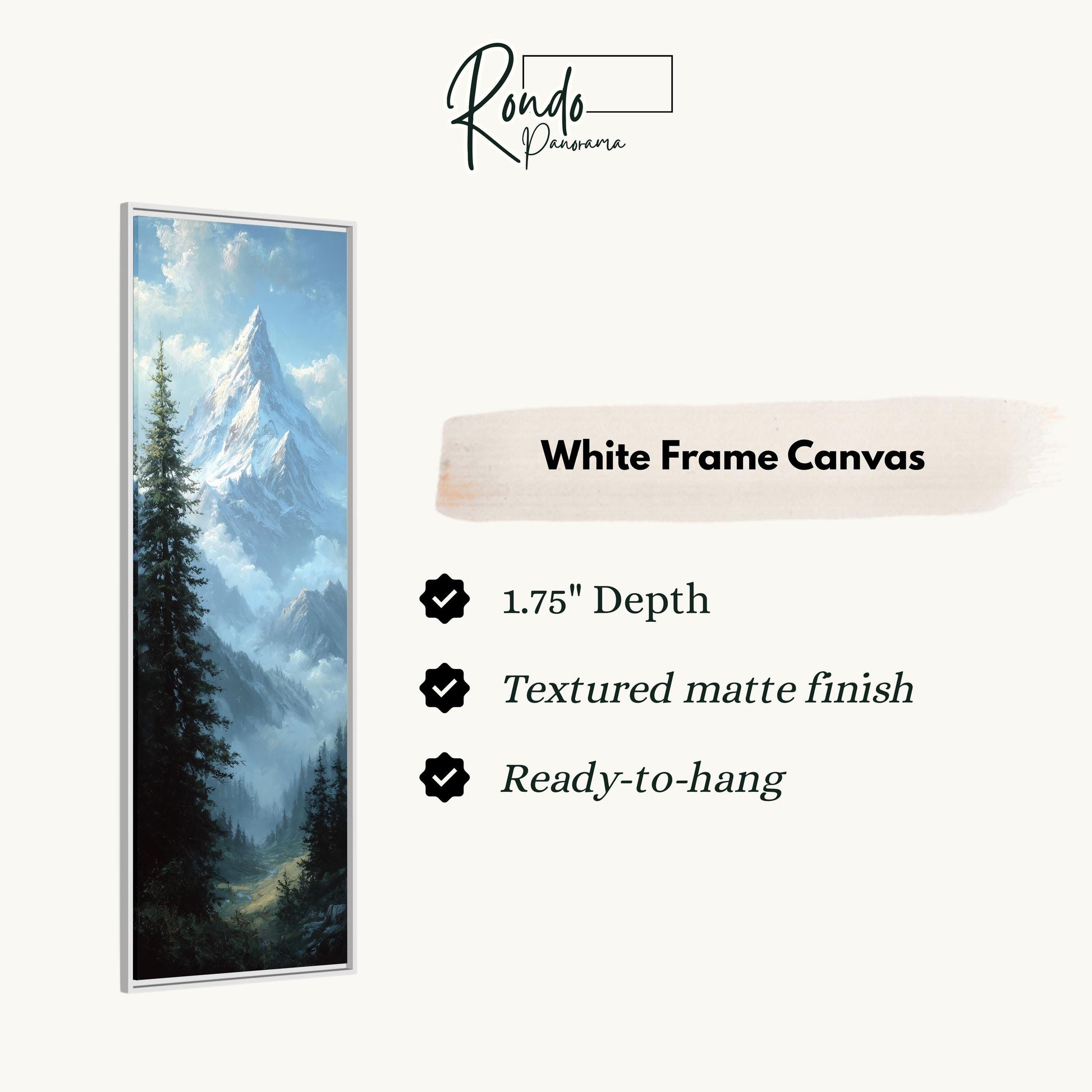 The image is a white frame canvas depicting a mountain landscape with a forest in the background.