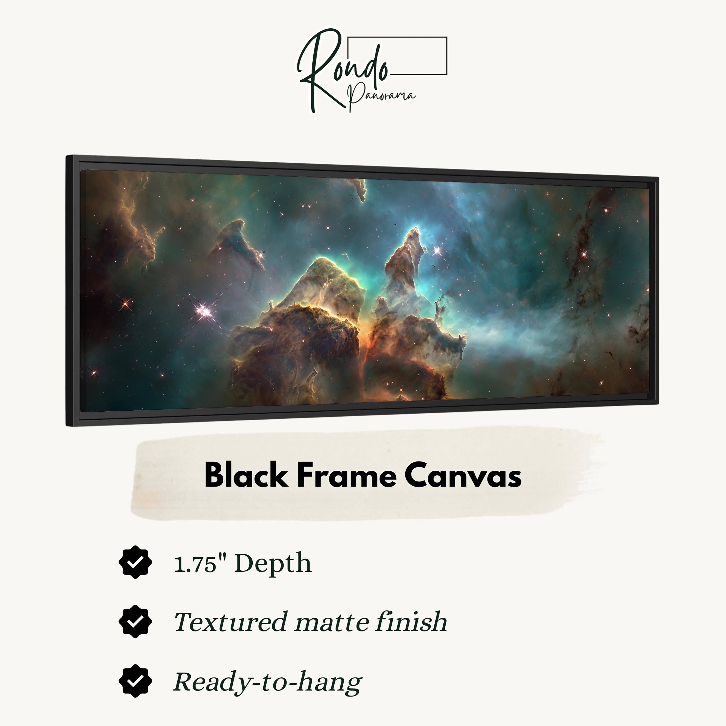 The image is a black frame canvas depicting a nebula with a vibrant mix of colors and shapes, including stars, clouds, and other celestial objects.