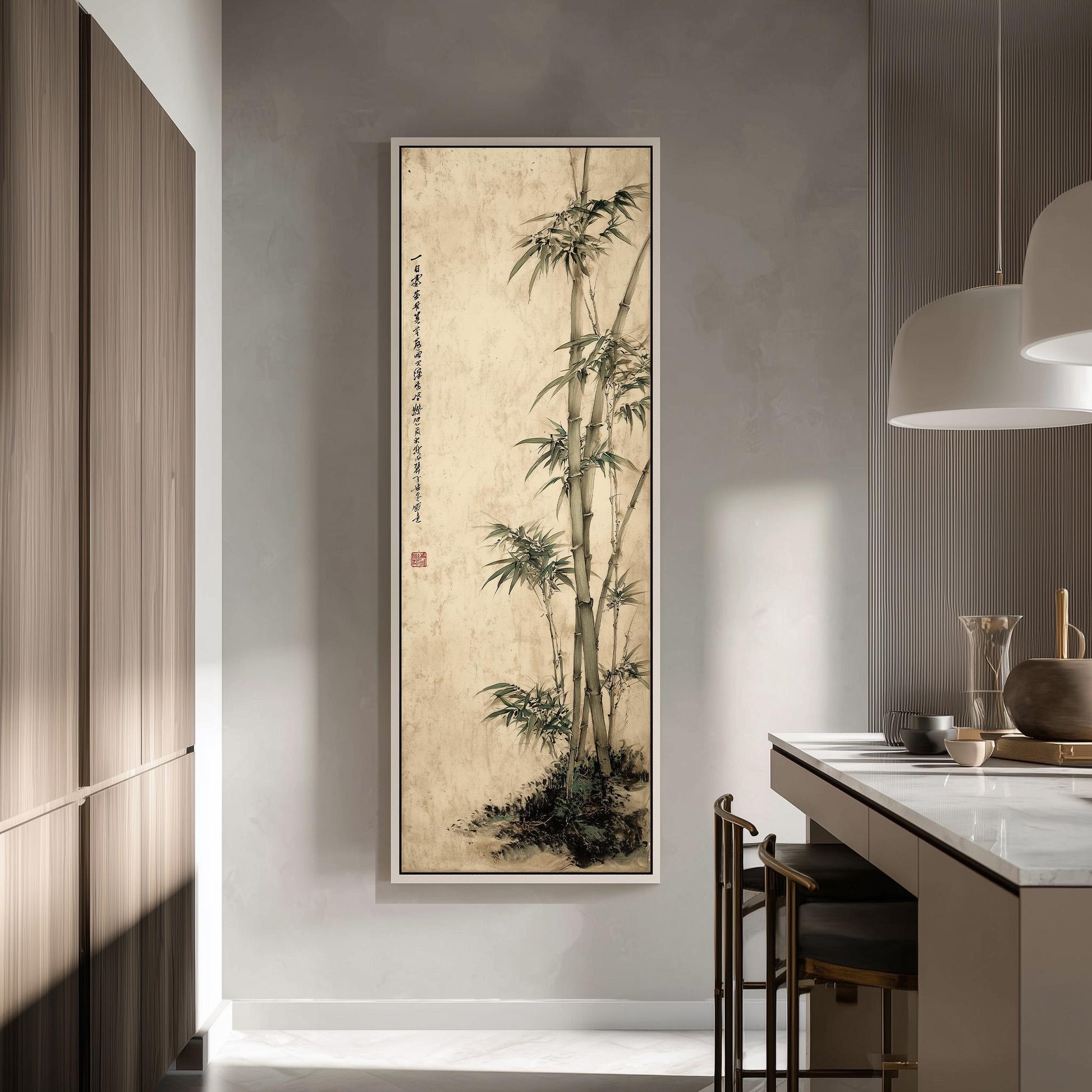 a large framed artwork of bamboo plants hanging on a wall in a modern kitchen.