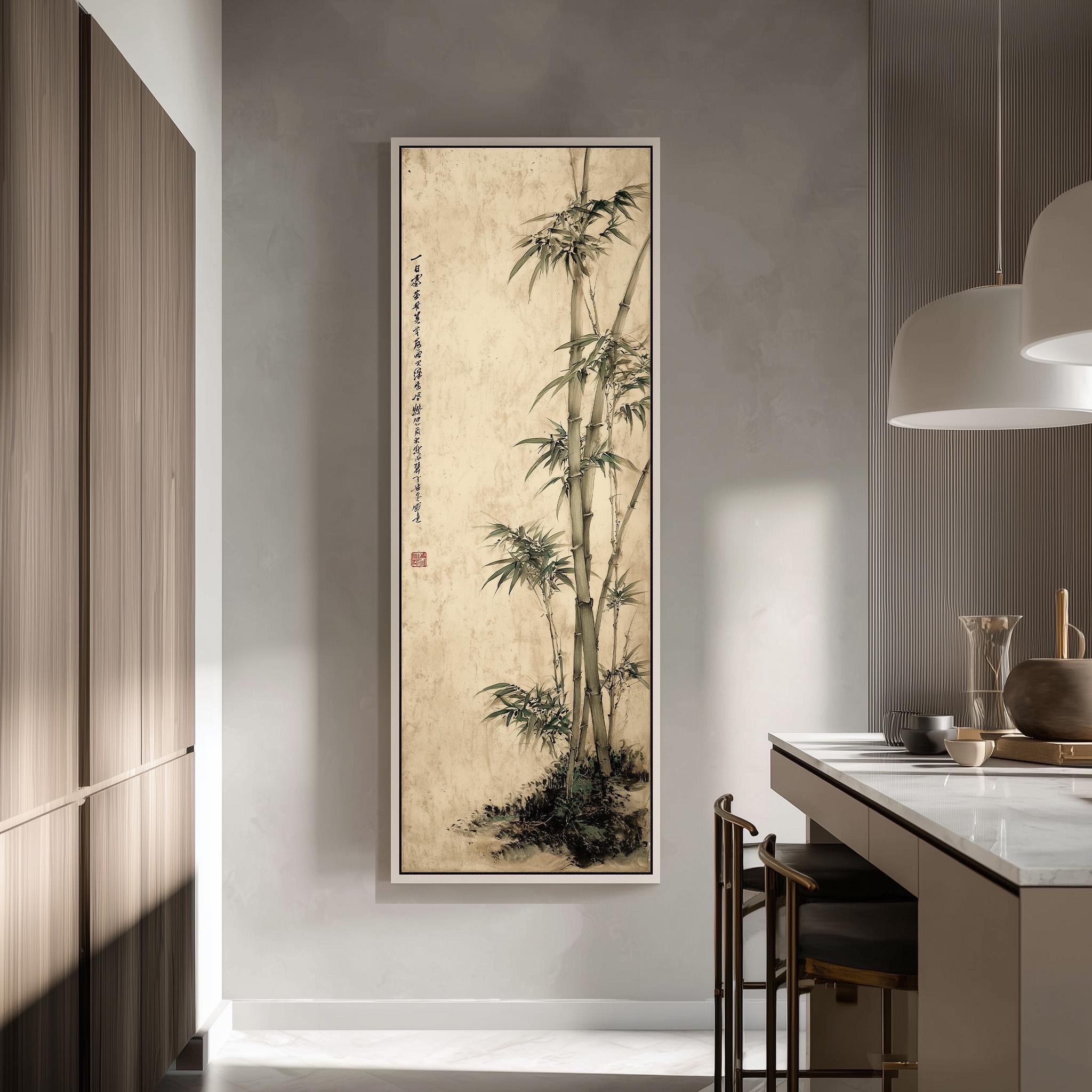 a large framed artwork of bamboo plants hanging on a wall in a modern kitchen.