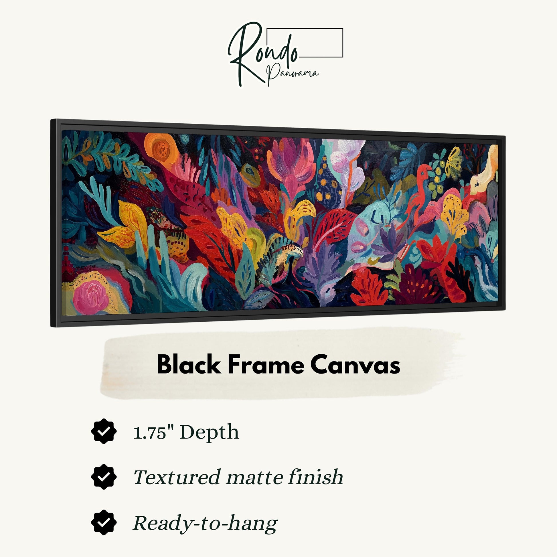 The image is a black frame canvas with a vibrant, colorful abstract painting depicting a lush, tropical garden scene.