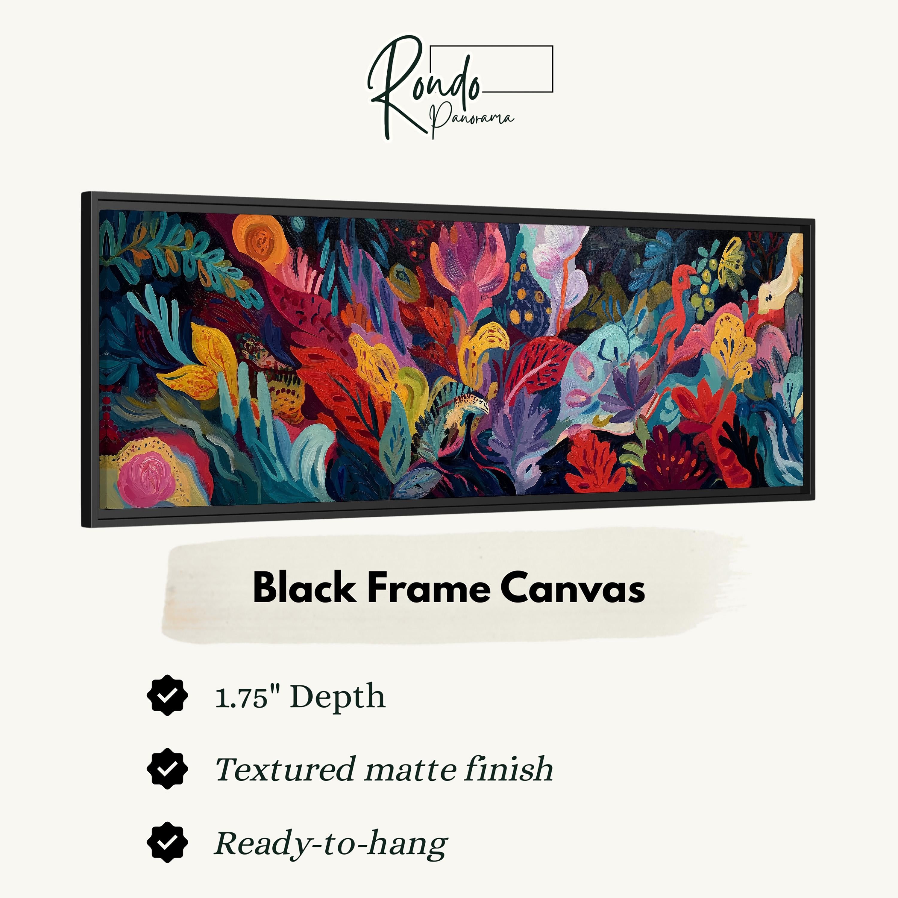 The image is a black frame canvas with a vibrant, colorful abstract painting depicting a lush, tropical garden scene.