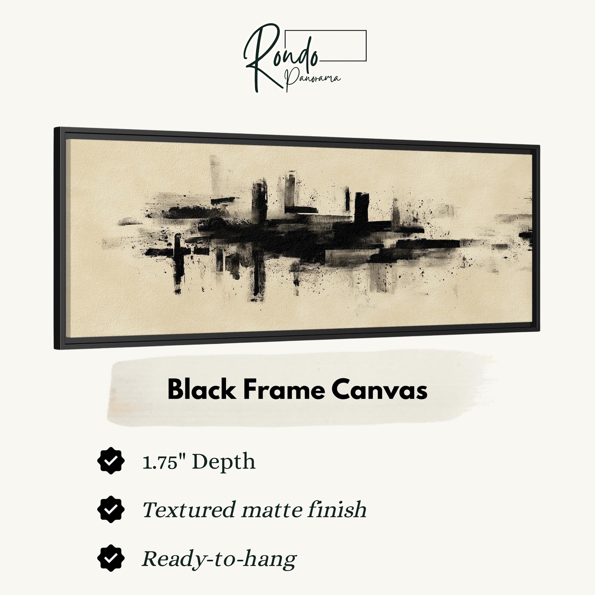 The image is a black frame canvas with a cityscape painting on it.