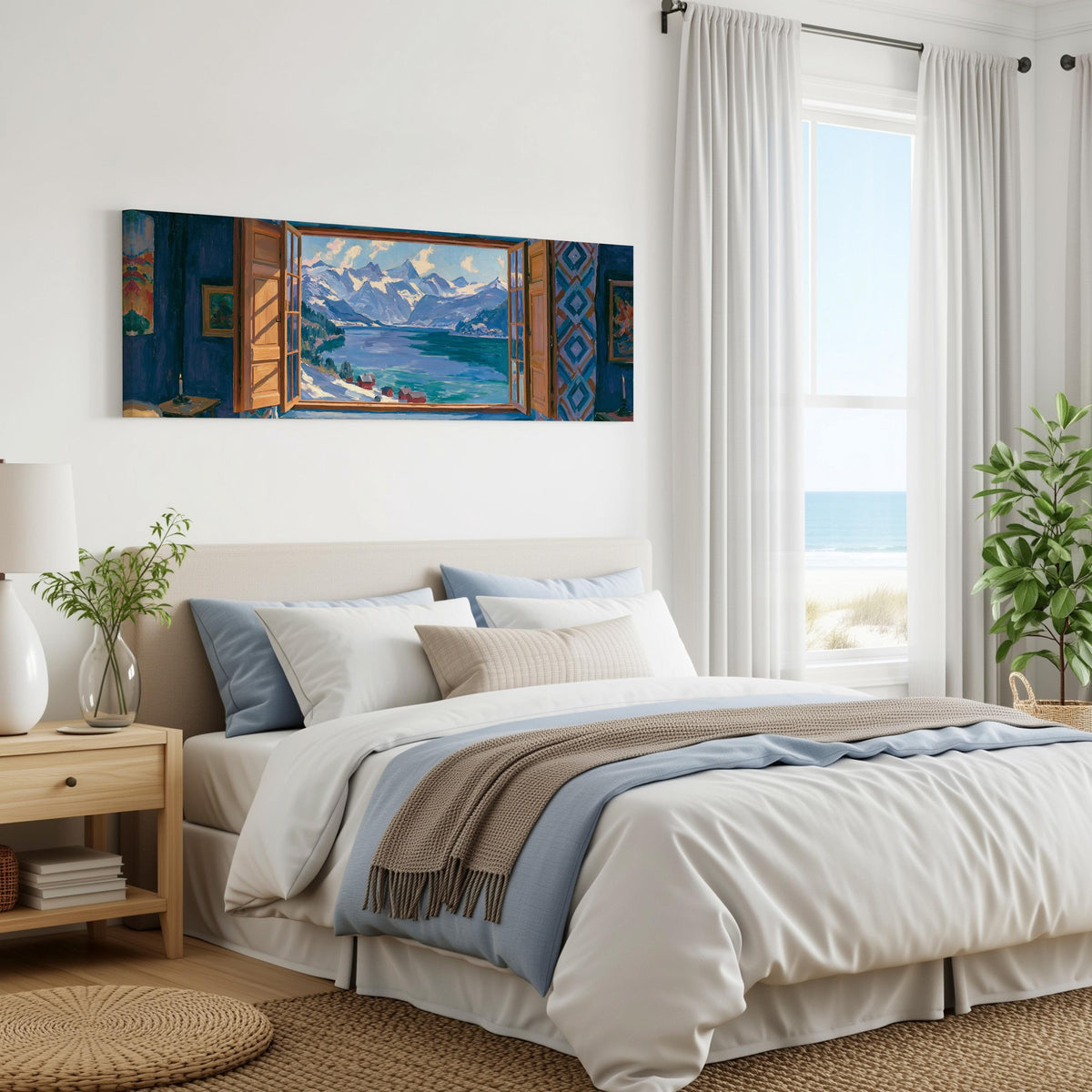 Snowy alpine lake seen through a window panoramic canvas print above a bed in a coastal bedroom