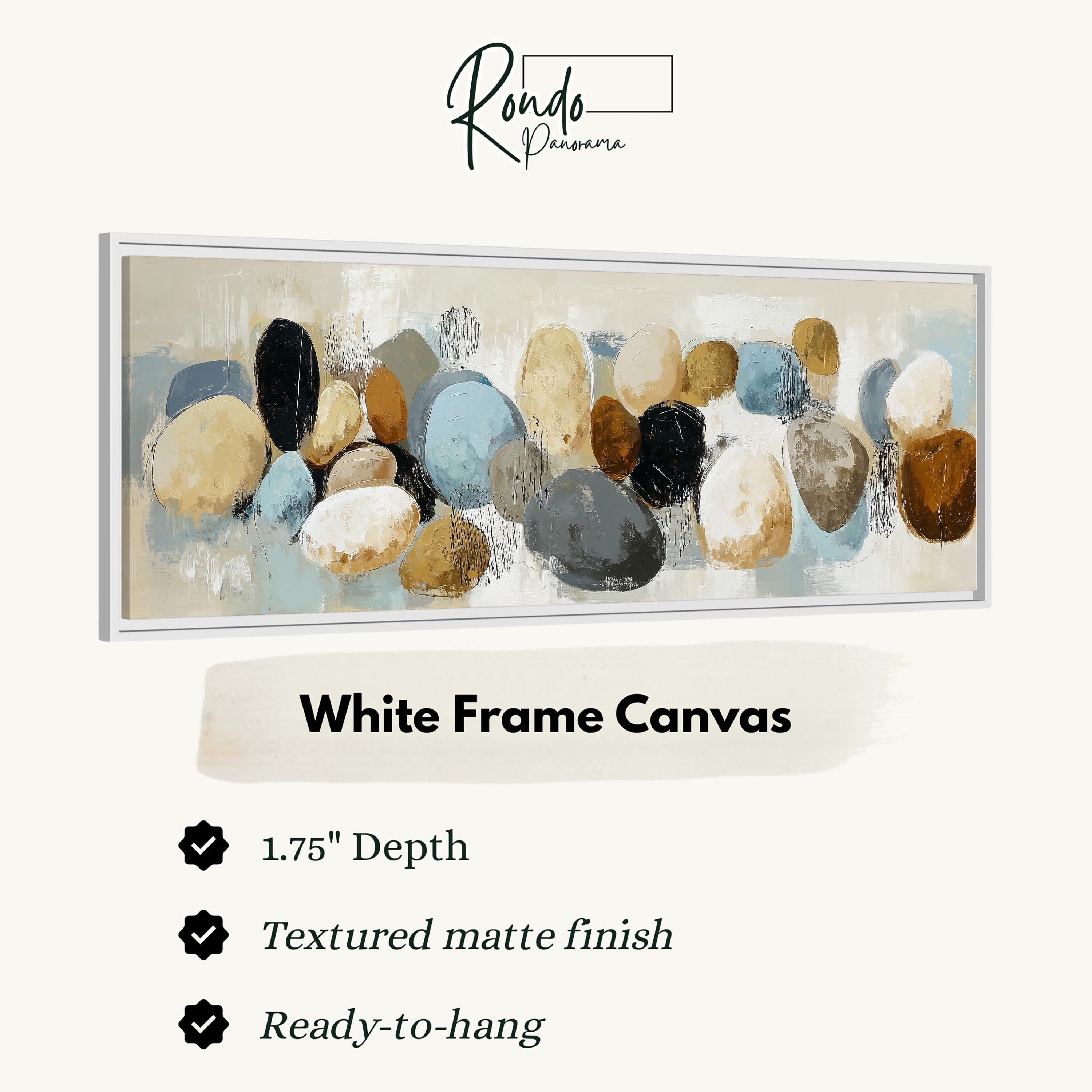 The image is a white frame canvas featuring a painting of various colored rocks and pebbles.