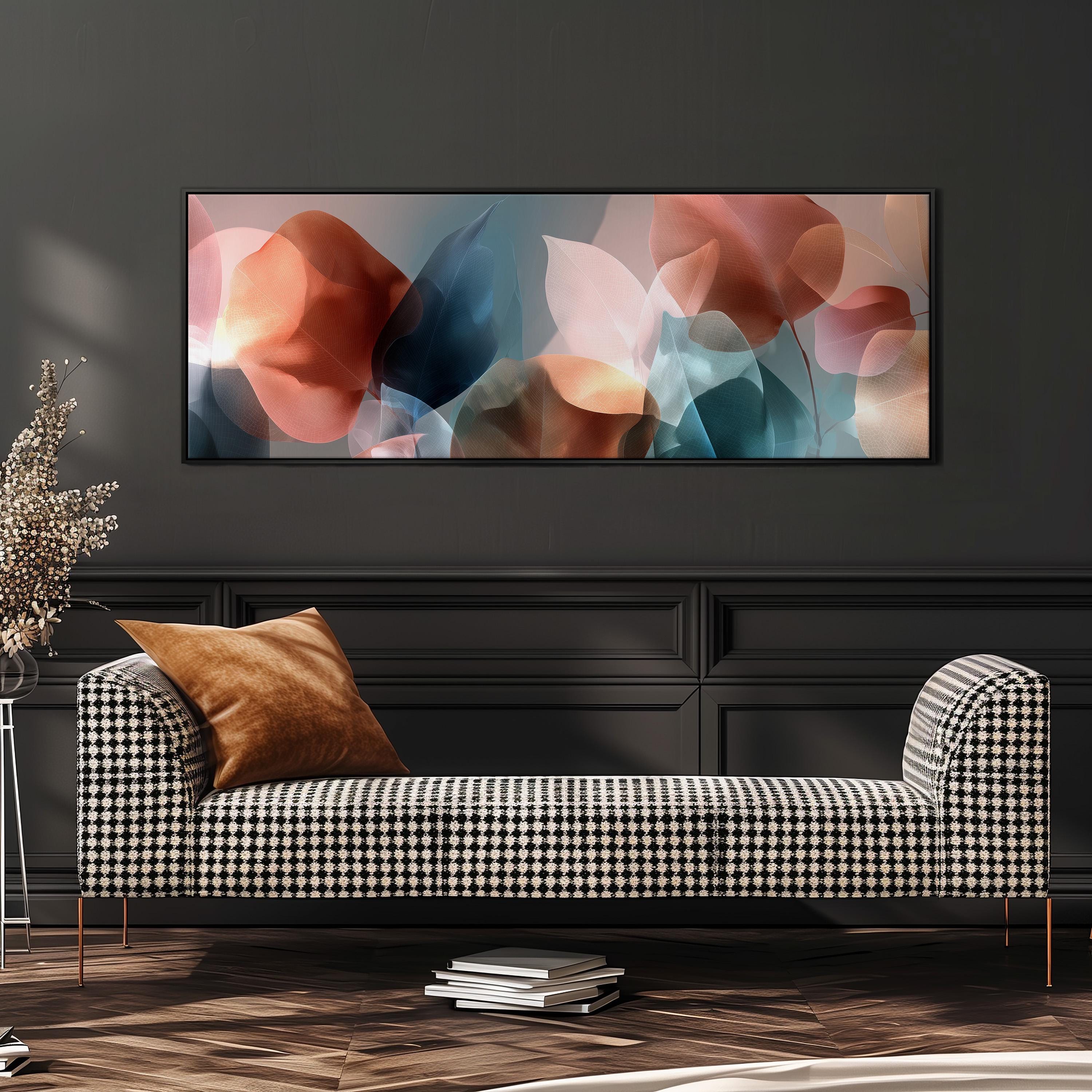 a modern living room with a black and white checkered sofa, a stack of books, and a large abstract painting hanging on the wall above the sofa.