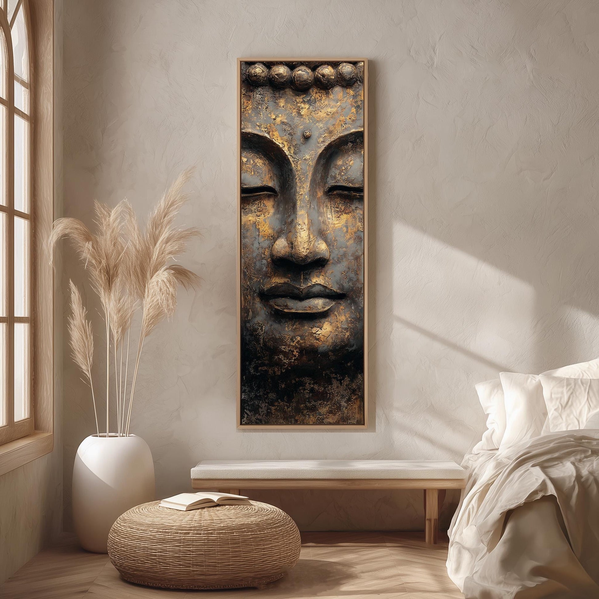 a serene and minimalist bedroom setting with a large Buddha sculpture as the focal point. The room is adorned with a white bed, a wooden bench, and a potted plant, creating a calm and peaceful atmosphere.