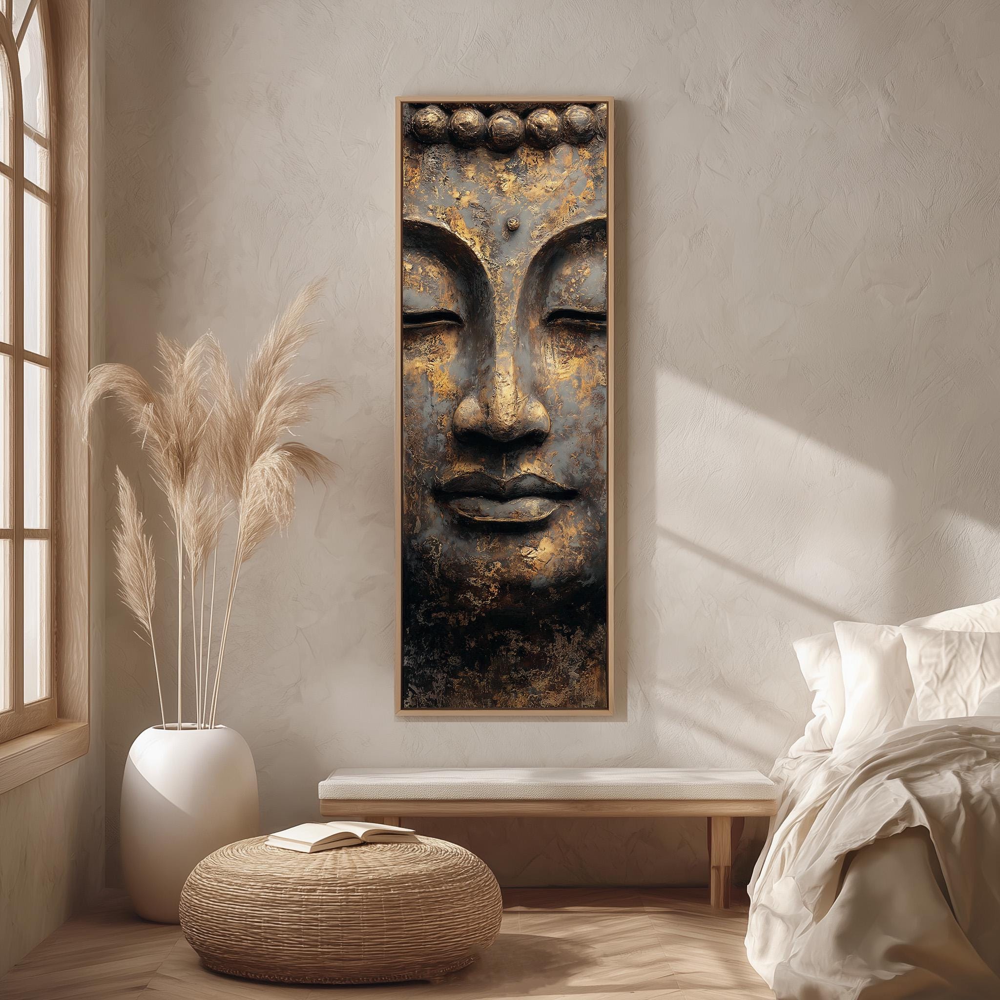 a serene and minimalist bedroom setting with a large Buddha sculpture as the focal point. The room is adorned with a white bed, a wooden bench, and a potted plant, creating a calm and peaceful atmosphere.