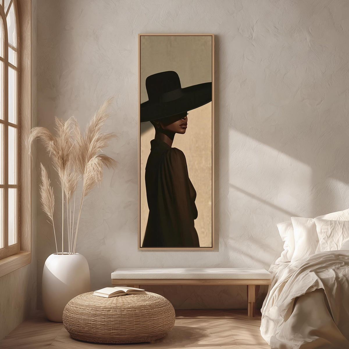 Woman in a wide black hat in profile long vertical canvas print in a bright reading corner