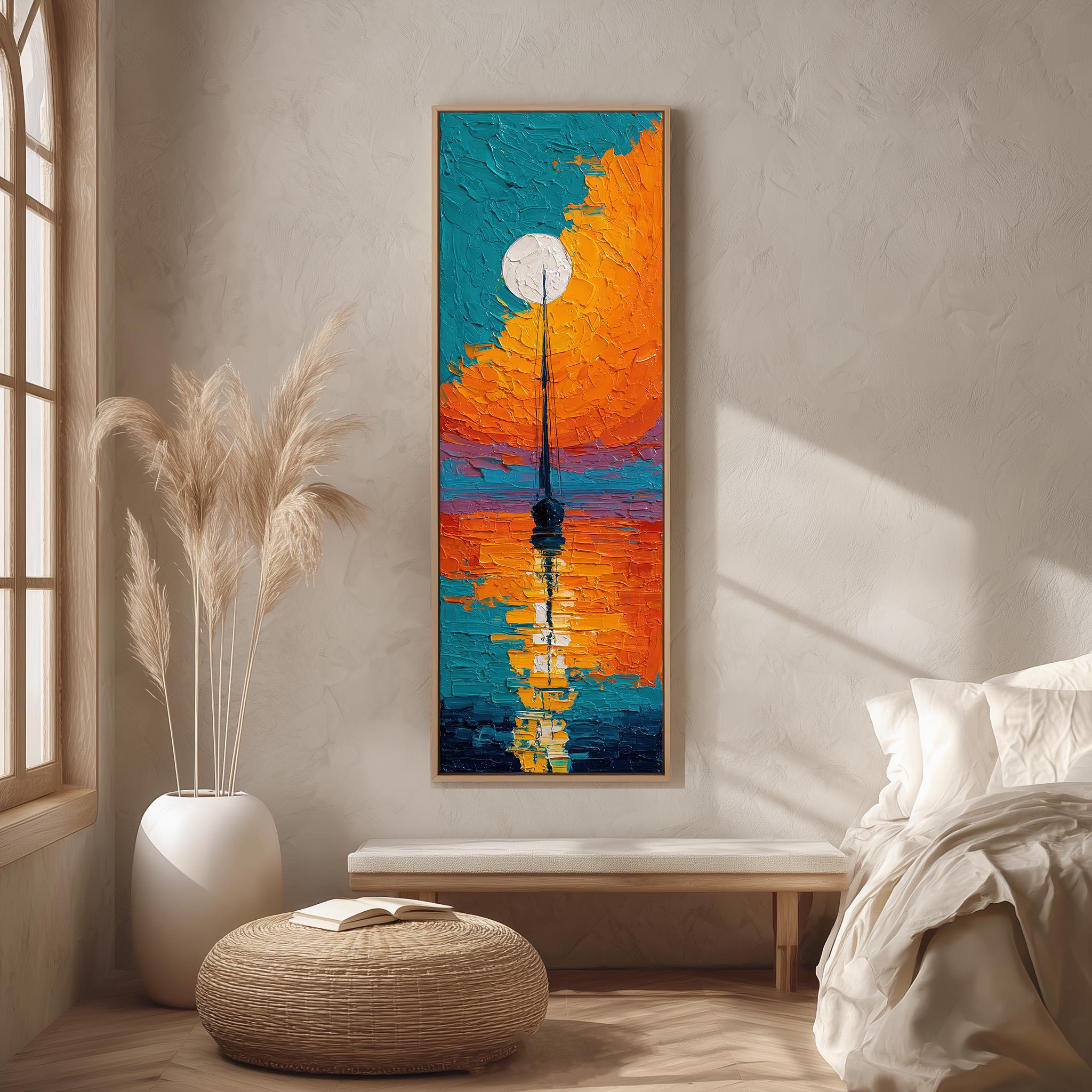 a large, colorful painting of a boat on a body of water, hanging on a wall in a room with a window and a white bed.
