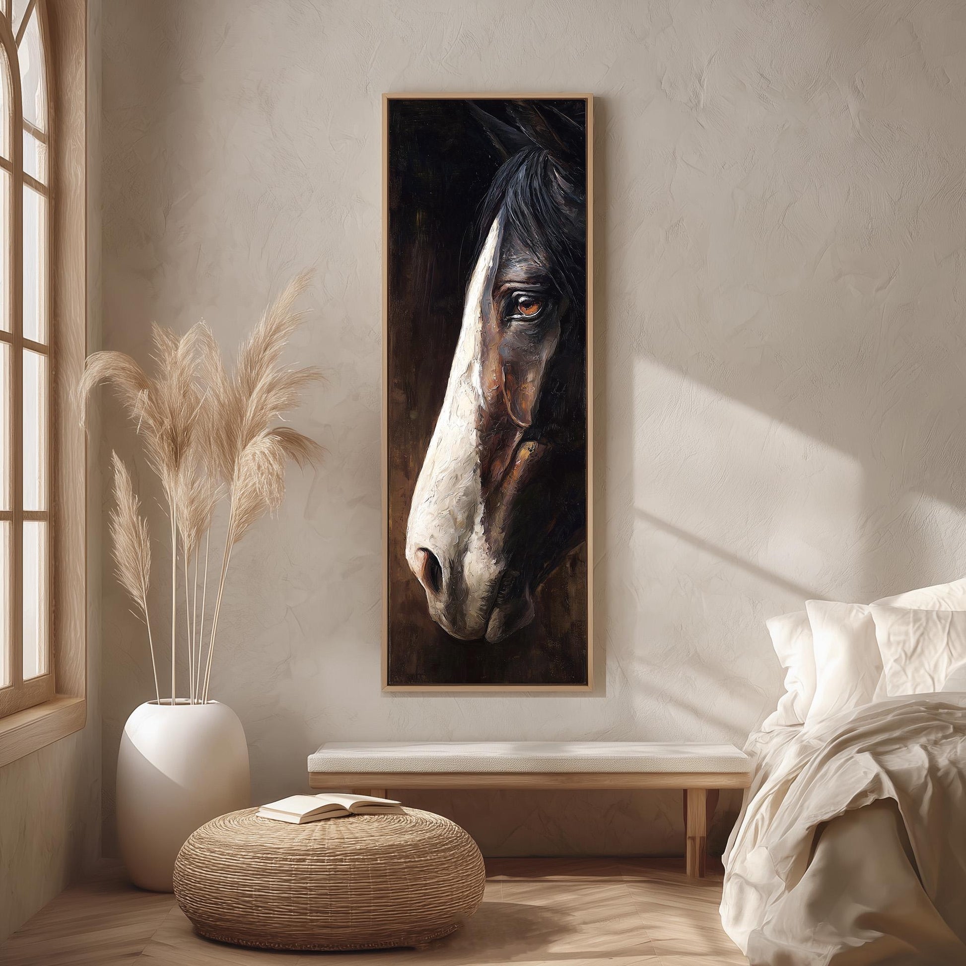 a large painting of a horse's face hanging on a wall, with a window, a white vase with potted plants, and a bed with white bedding in the background.