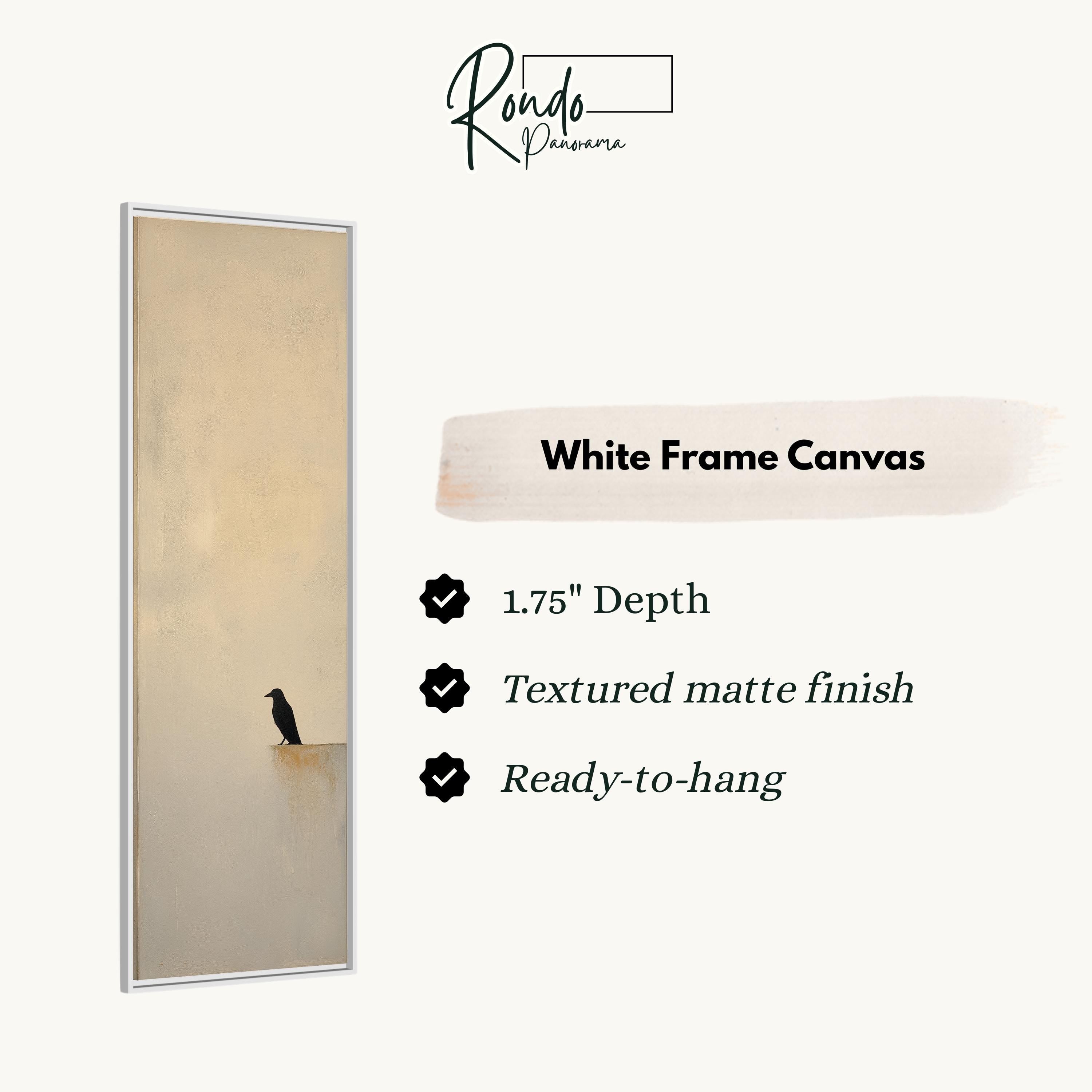 a white frame canvas with a black bird perched on a ledge.