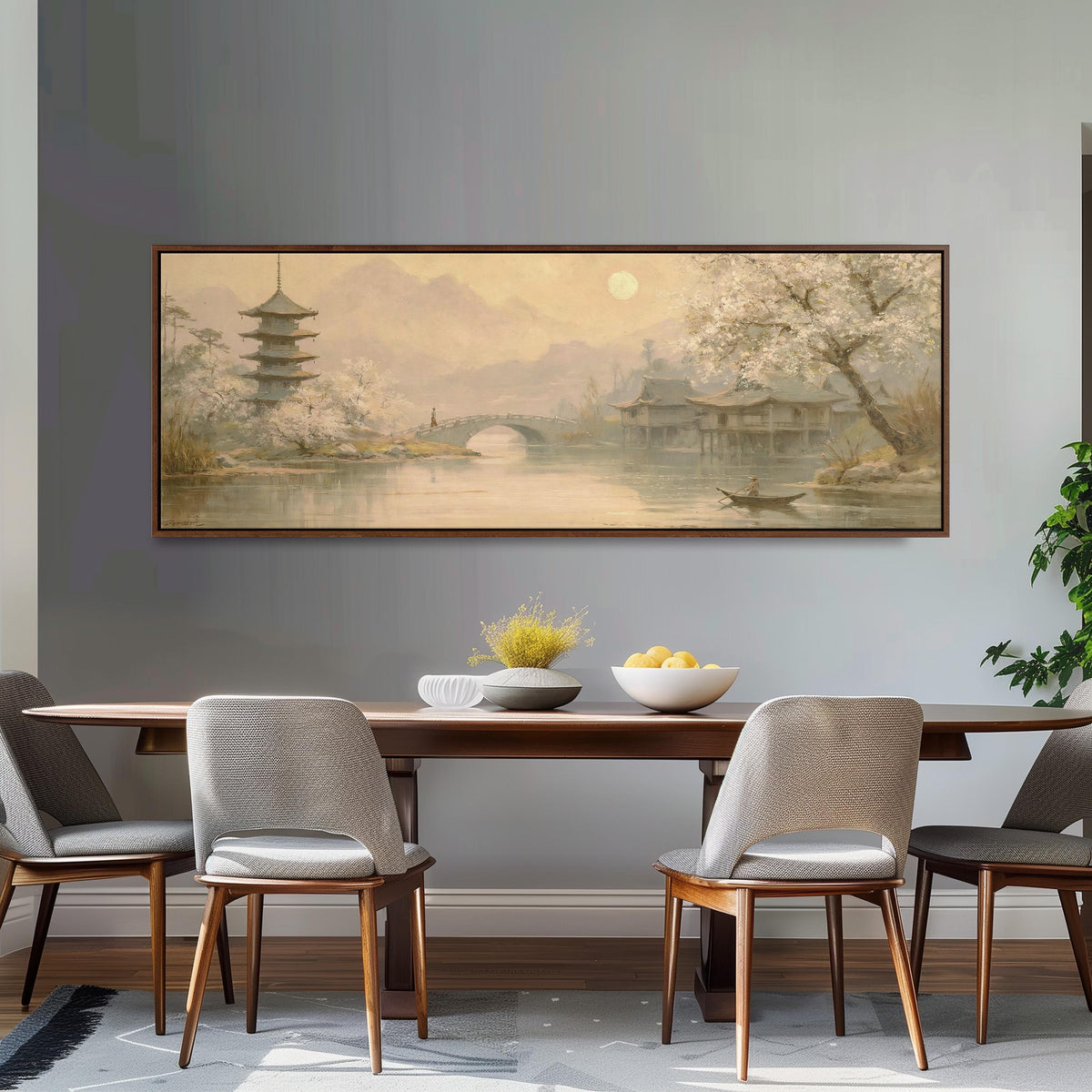Pagoda and stone bridge at dusk long horizontal canvas print above a dining table