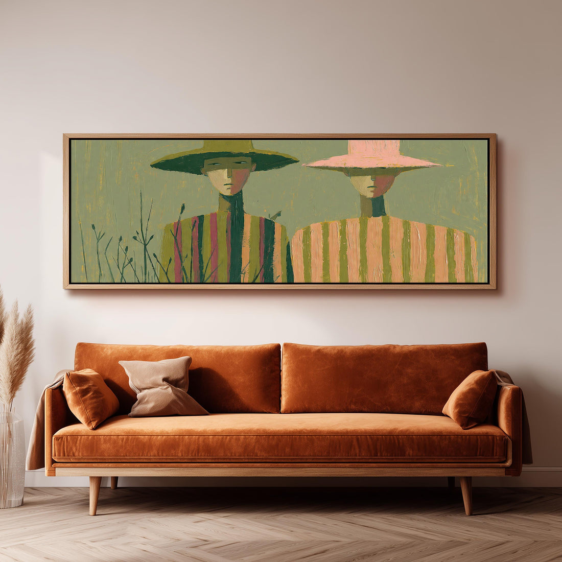 Two farmers in sun hats long horizontal canvas print above a sofa in a living room