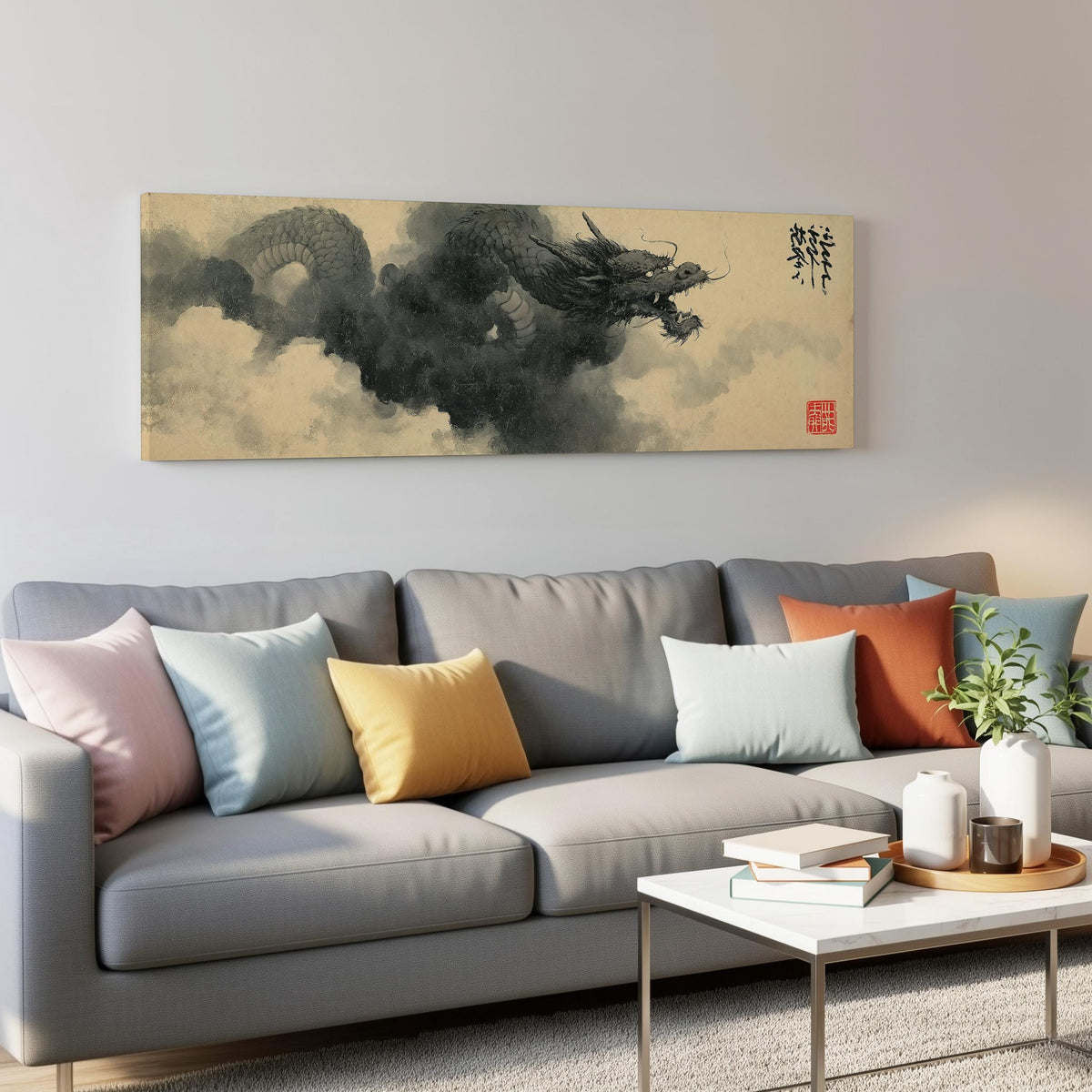 Storm dragon emerging from ink clouds long horizontal canvas print displayed on a wall