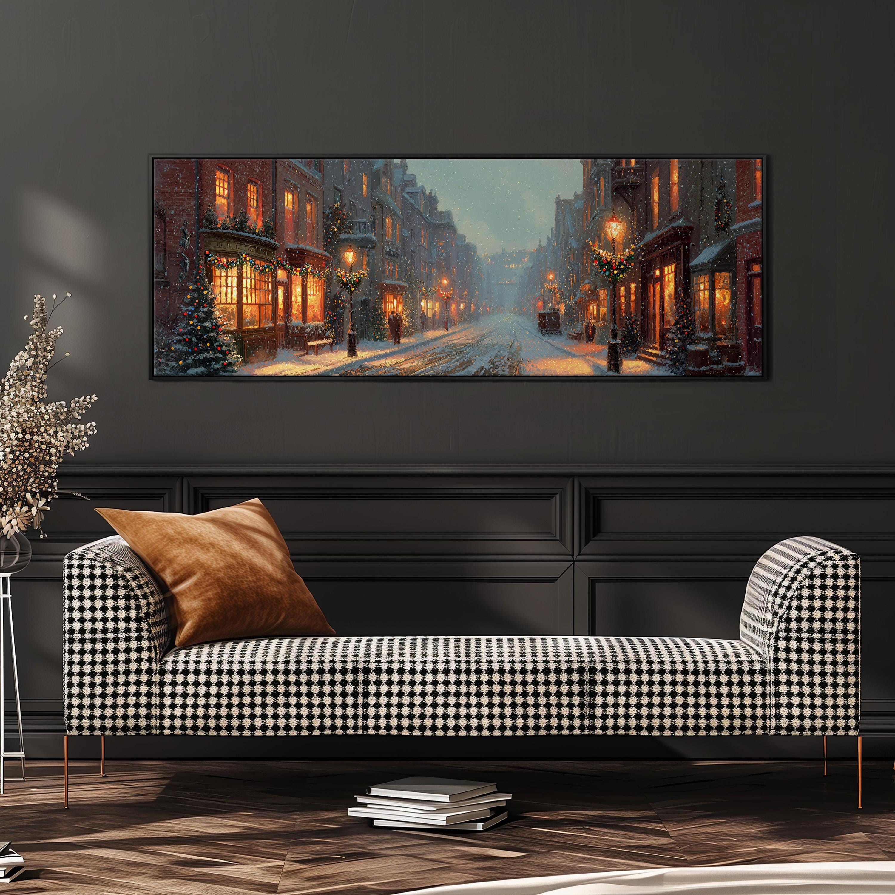 a cozy living room with a large, colorful painting of a snowy street scene hanging on the wall above a black and white checkered sofa.
