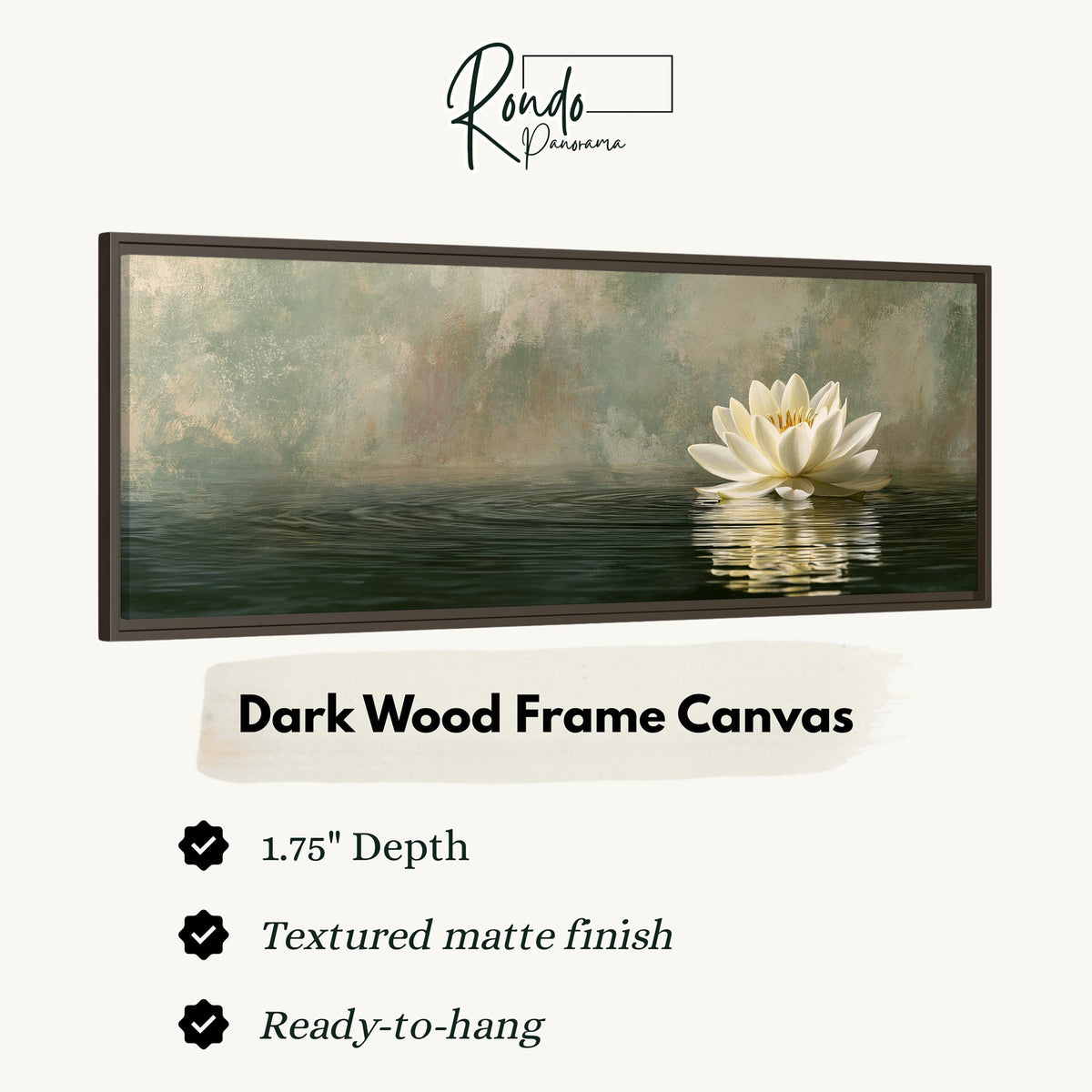 White water lily in soft mist canvas print in a dark wood floating frame
