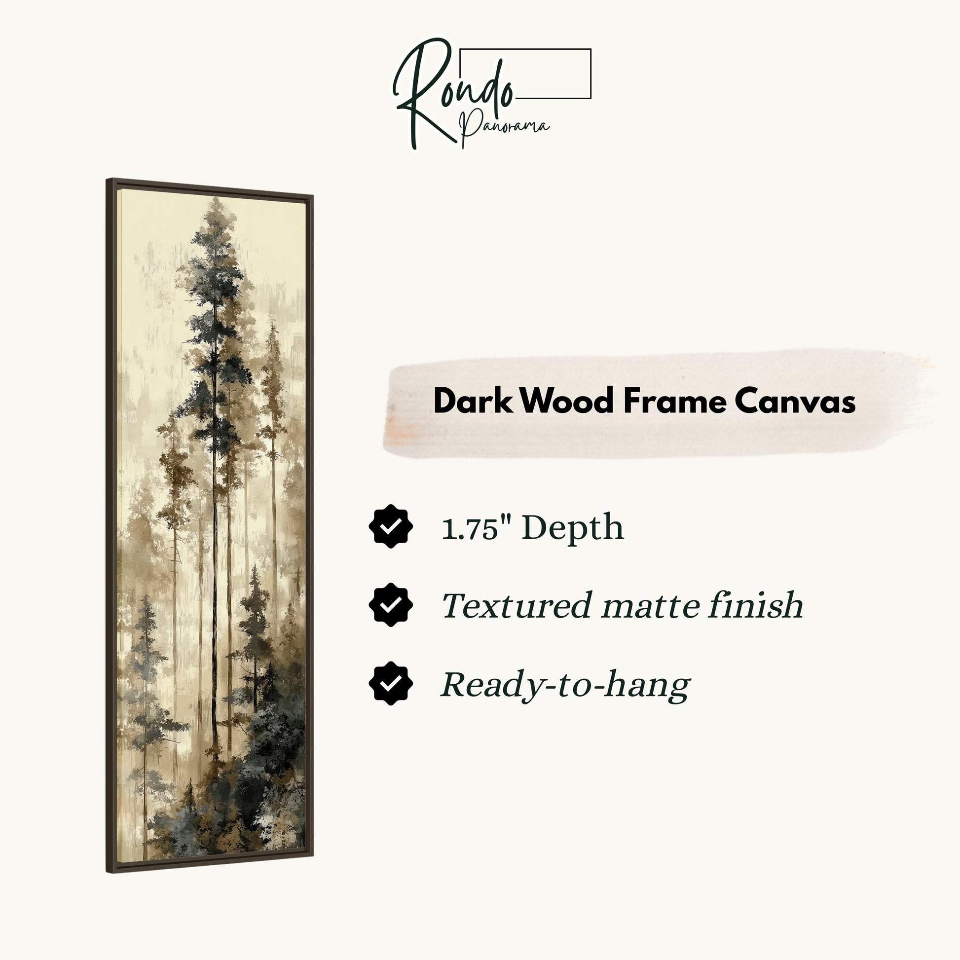 The image is a dark wood frame canvas depicting a forest scene with tall trees.