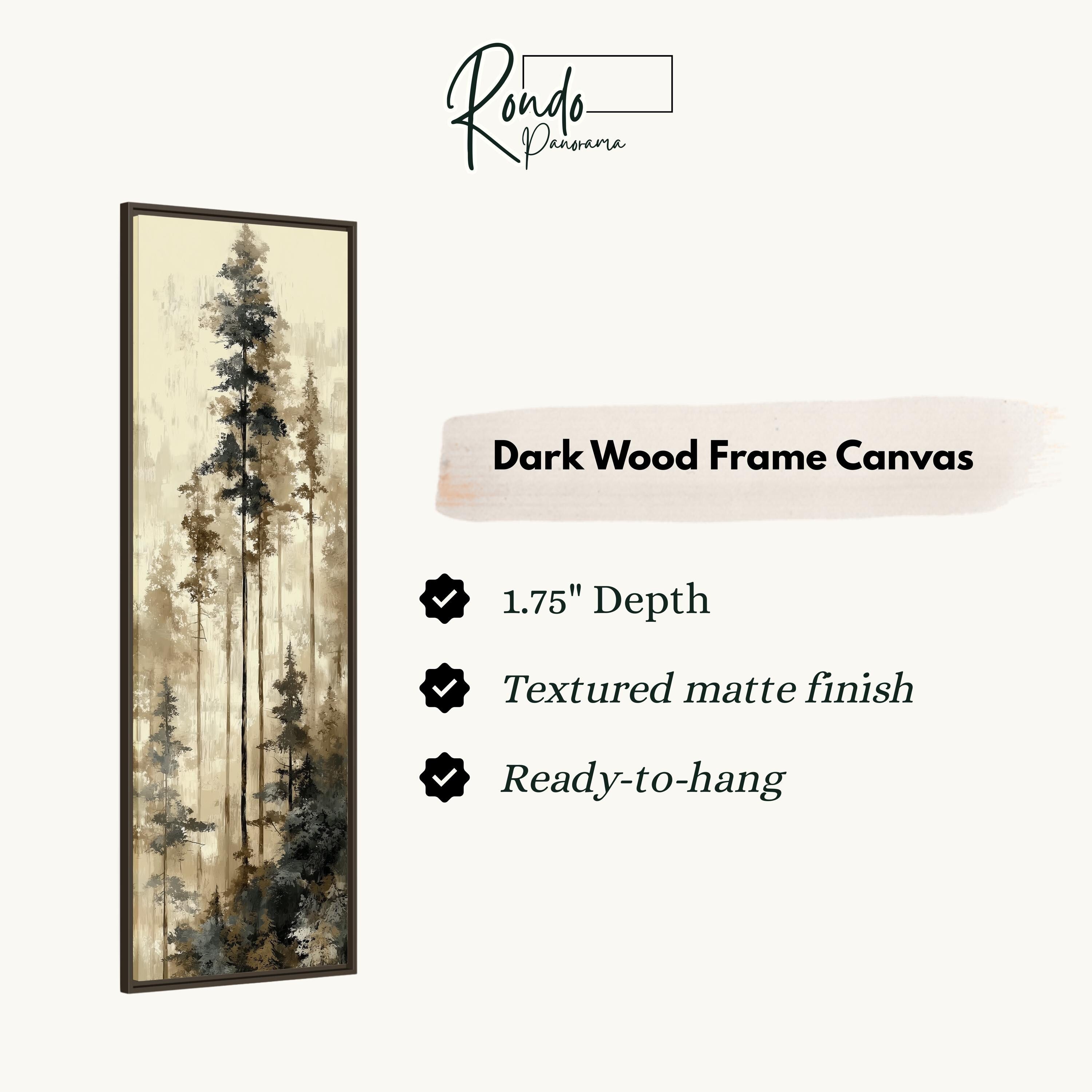 The image is a dark wood frame canvas depicting a forest scene with tall trees.