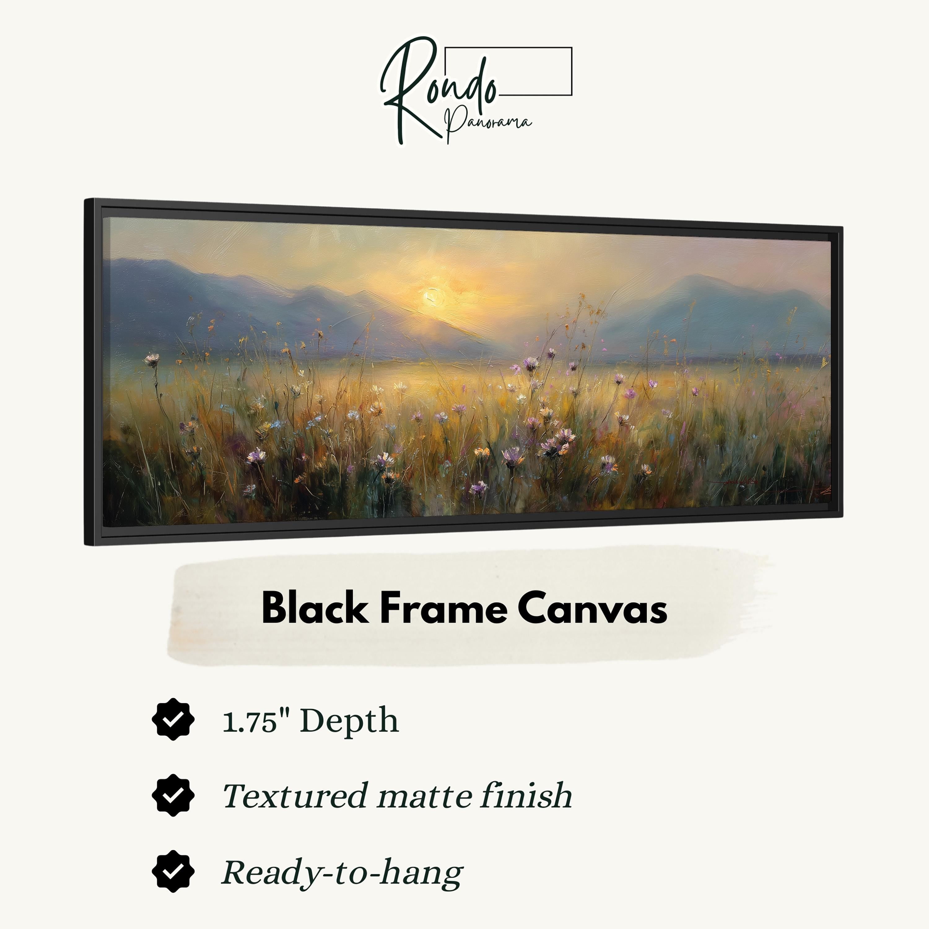 The image is a black frame canvas depicting a field of flowers with a sunset in the background.